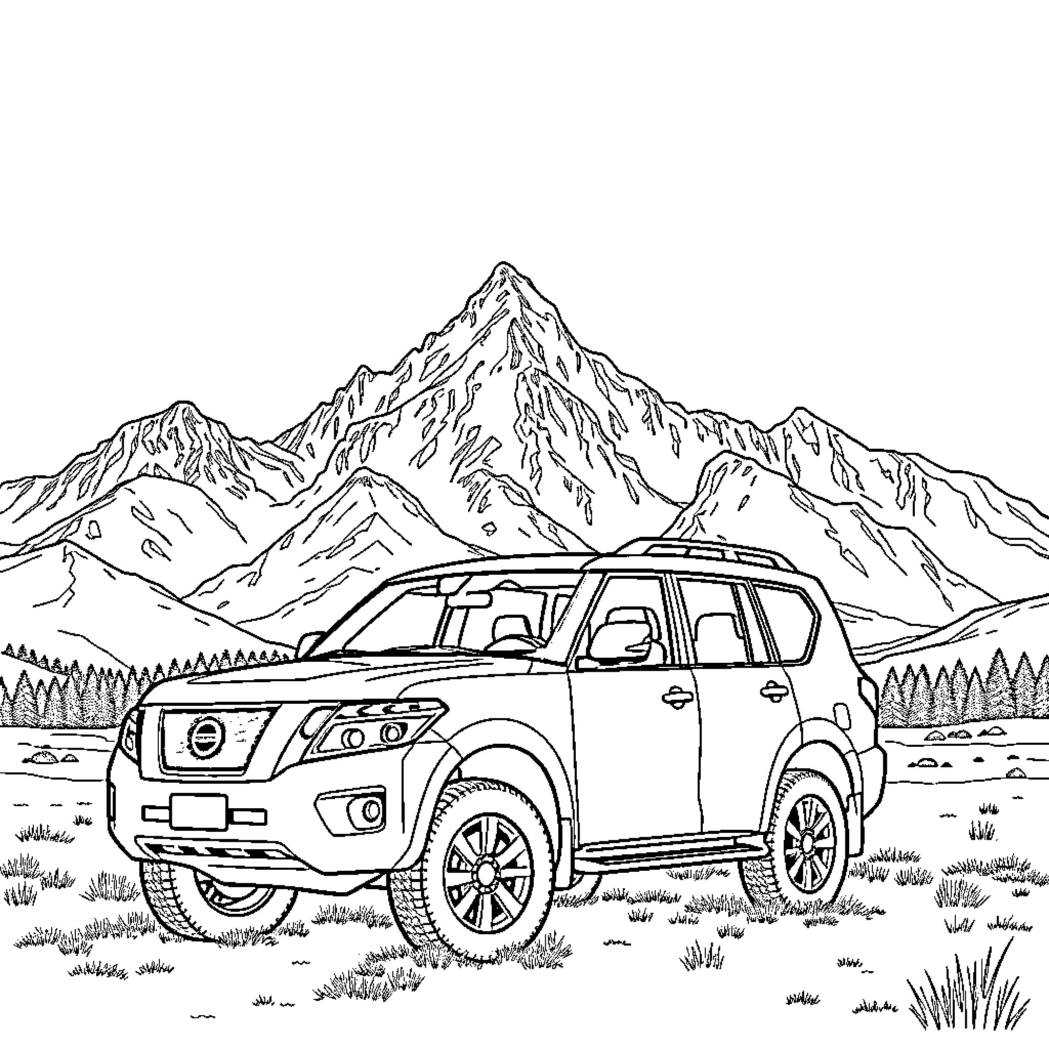 Nissan Patrol exploring the rugged mountains Coloring Page (free black-and-white line drawing printable PDF for all, from beginners to advanced learners, including children, teens, adults, and seniors)