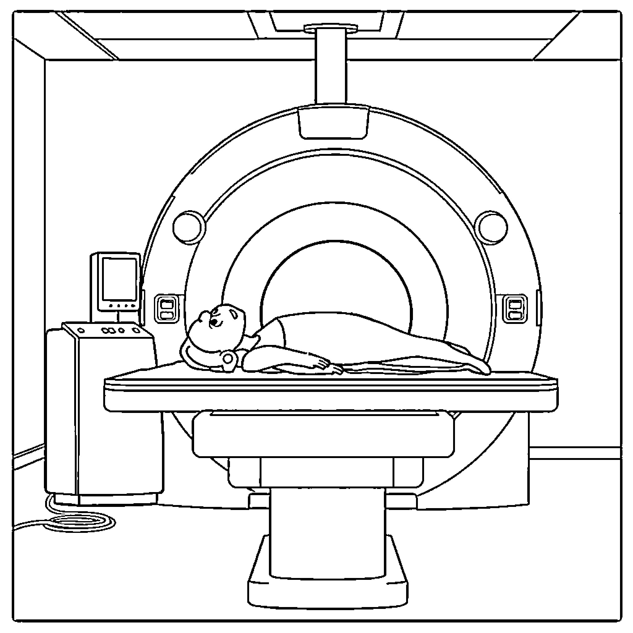 CT Scan of a patient undergoing medical examination Coloring Page (free black-and-white line drawing printable PDF for all, from beginners to advanced learners, including children, teens, adults, and seniors)