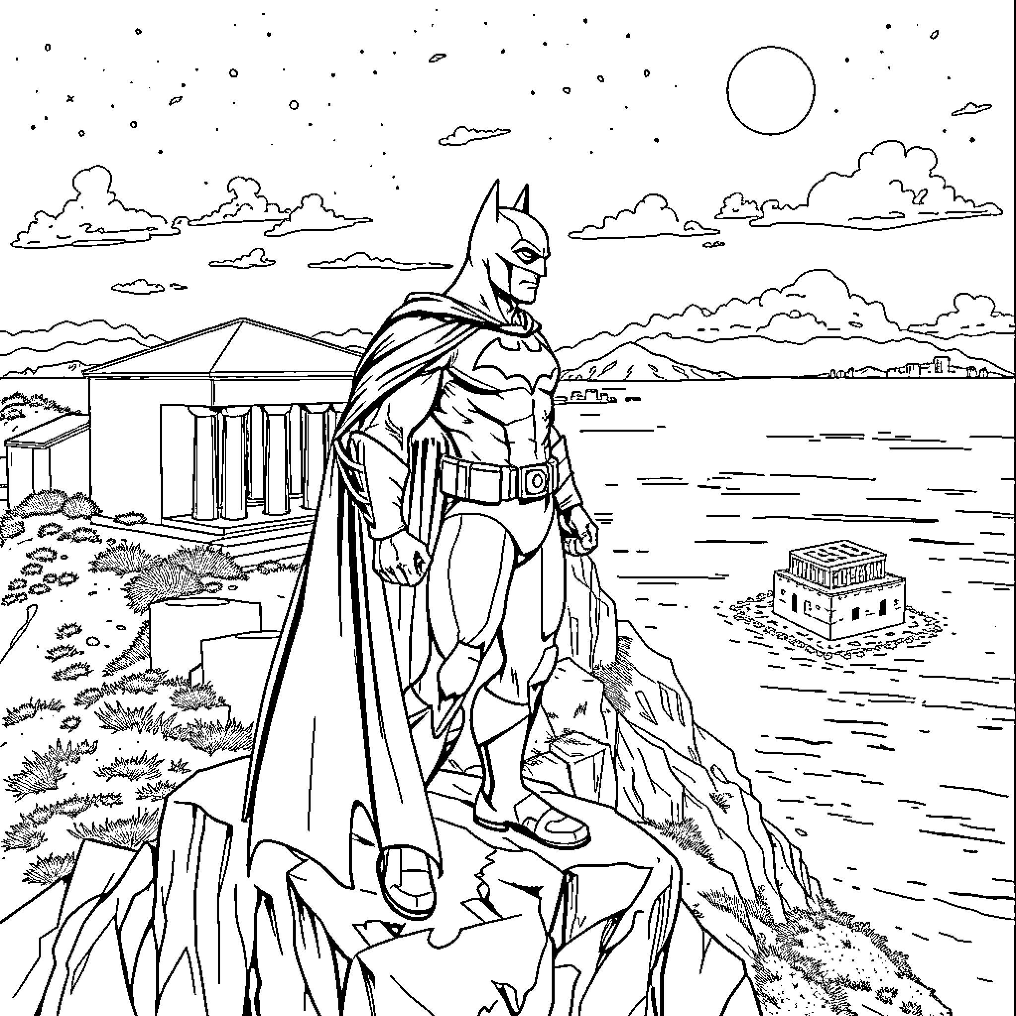 Batman overlooking a scenic landscape Coloring Page (free black-and-white line drawing printable PDF for all, from beginners to advanced learners, including children, teens, adults, and seniors)