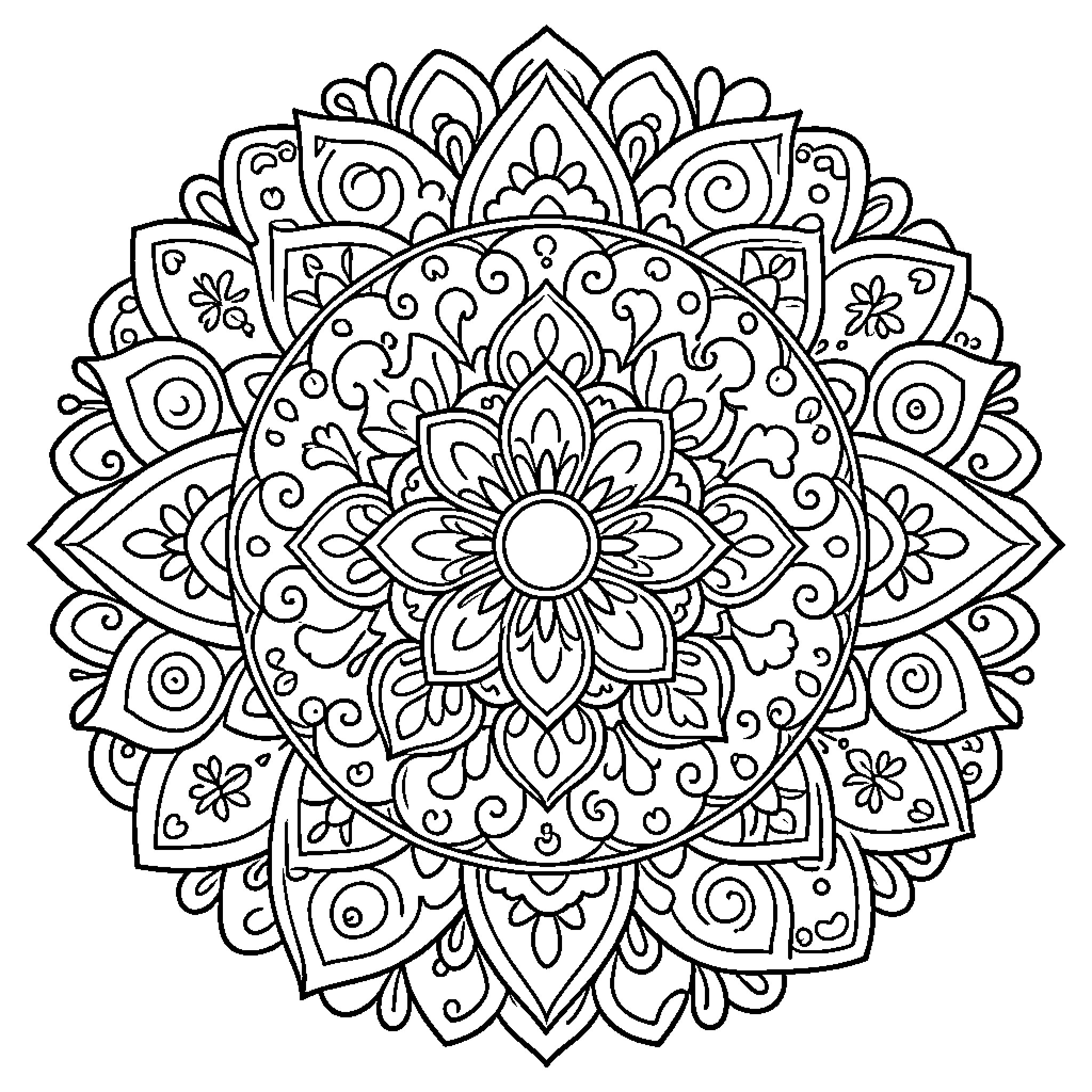 Mandala of intricate floral patterns Coloring Page (free black-and-white line drawing printable PDF for all, from beginners to advanced learners, including children, teens, adults, and seniors)