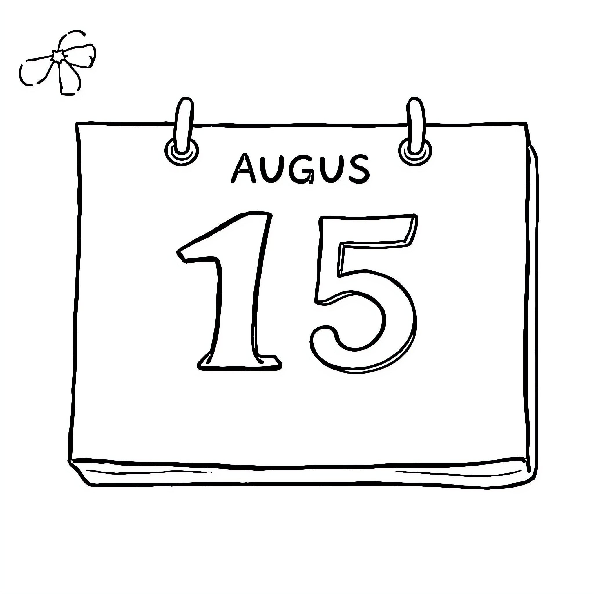 August 15 calendar date on a simple sketch Coloring Page (free black-and-white line drawing printable PDF for all, from beginners to advanced learners, including children, teens, adults, and seniors)