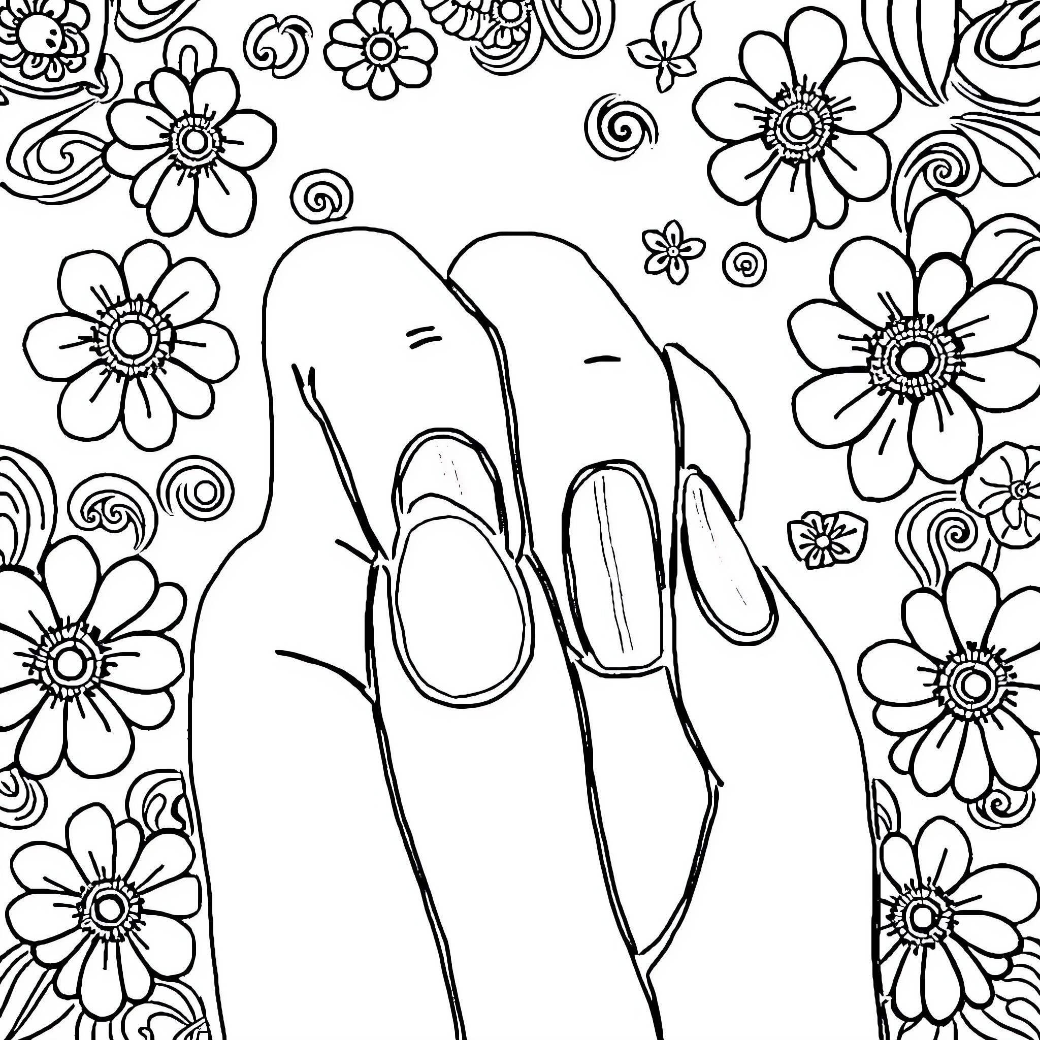 Nail Art Hand with Floral Designs Coloring Page (free black-and-white line drawing printable PDF for all, from beginners to advanced learners, including children, teens, adults, and seniors)