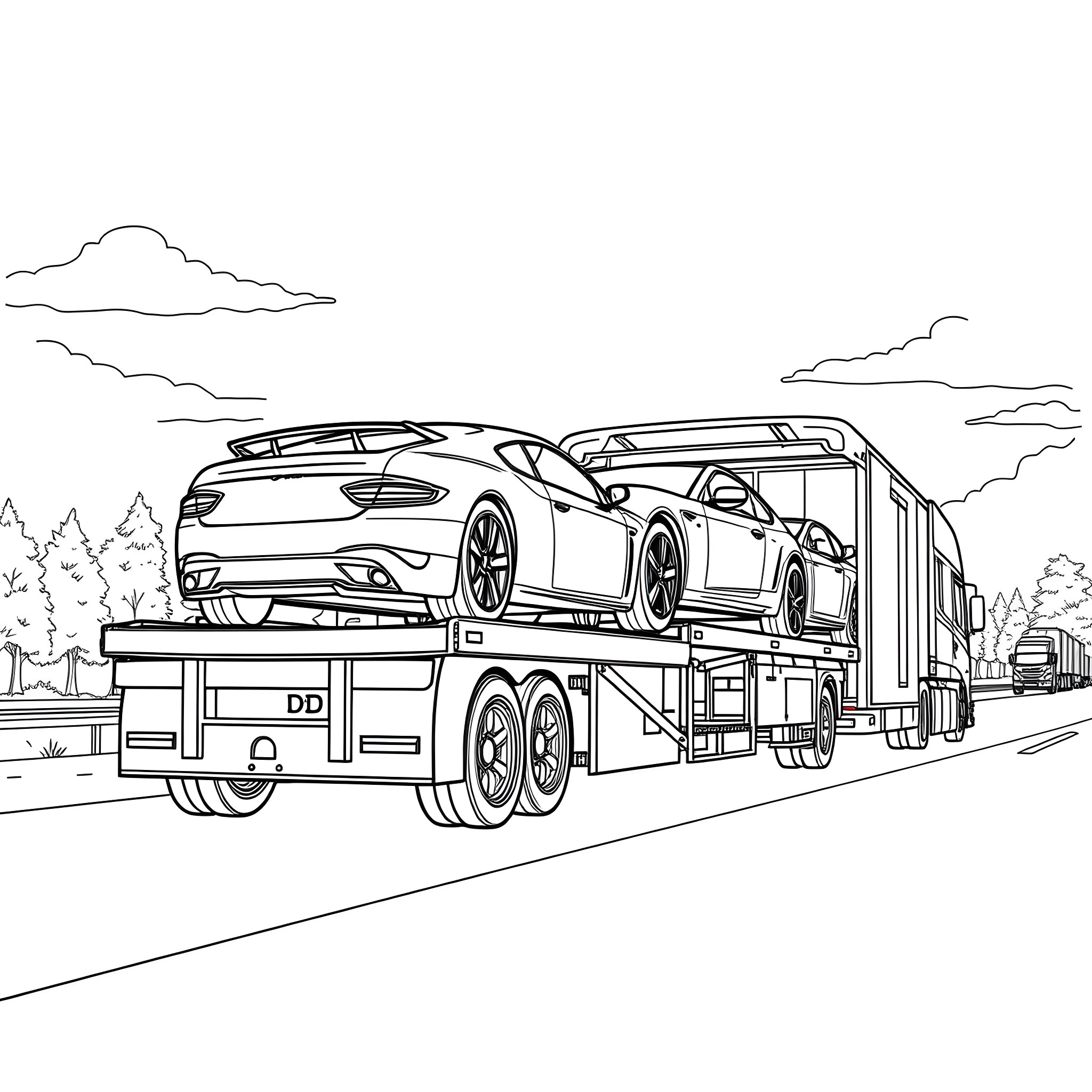 Car Hauler Transporting Luxury Vehicles on the Highway Coloring Page (free black-and-white line drawing printable PDF for all, from beginners to advanced learners, including children, teens, adults, and seniors)