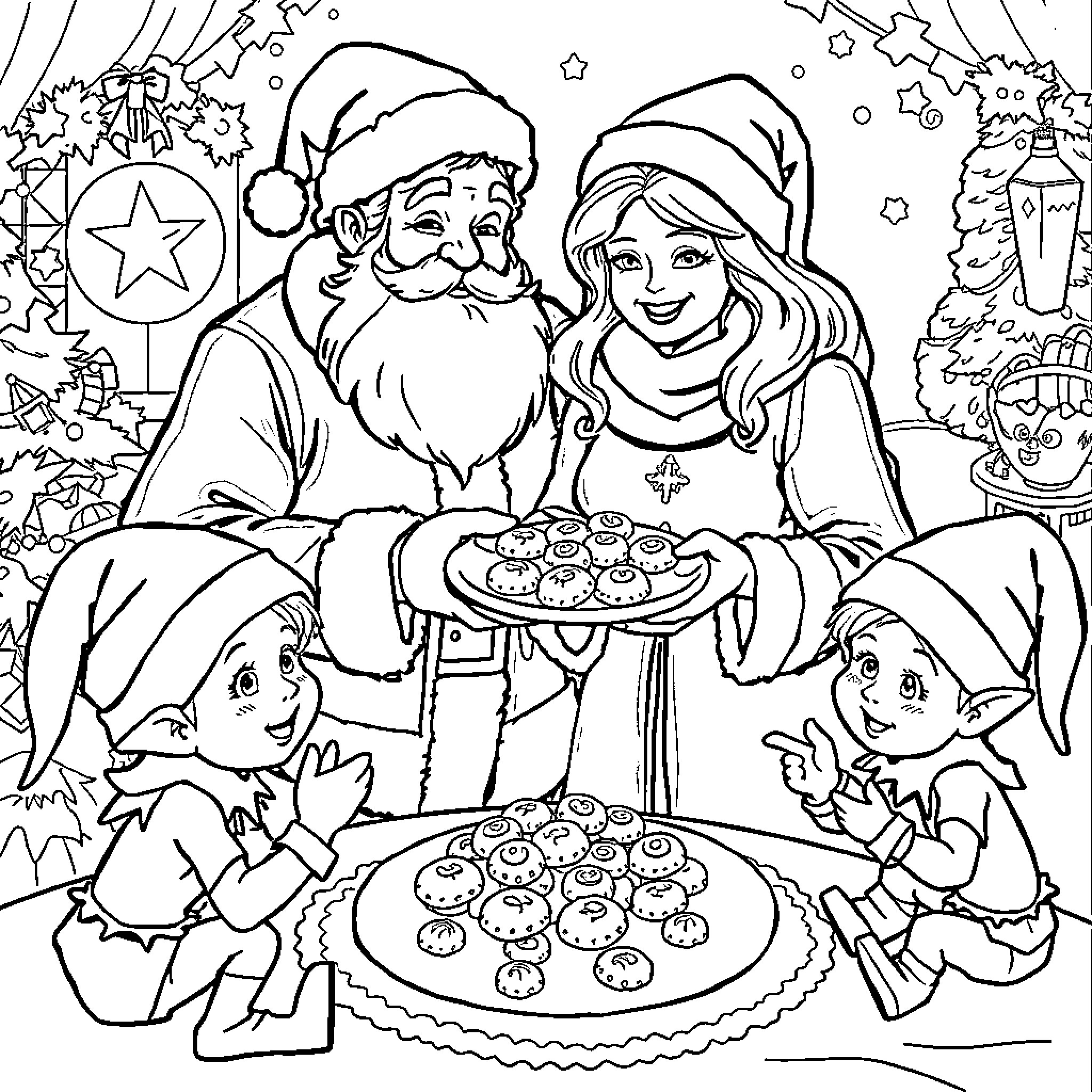 Christmas Family Enjoying Holiday Treats Together Coloring Page (free black-and-white line drawing printable PDF for all, from beginners to advanced learners, including children, teens, adults, and seniors)