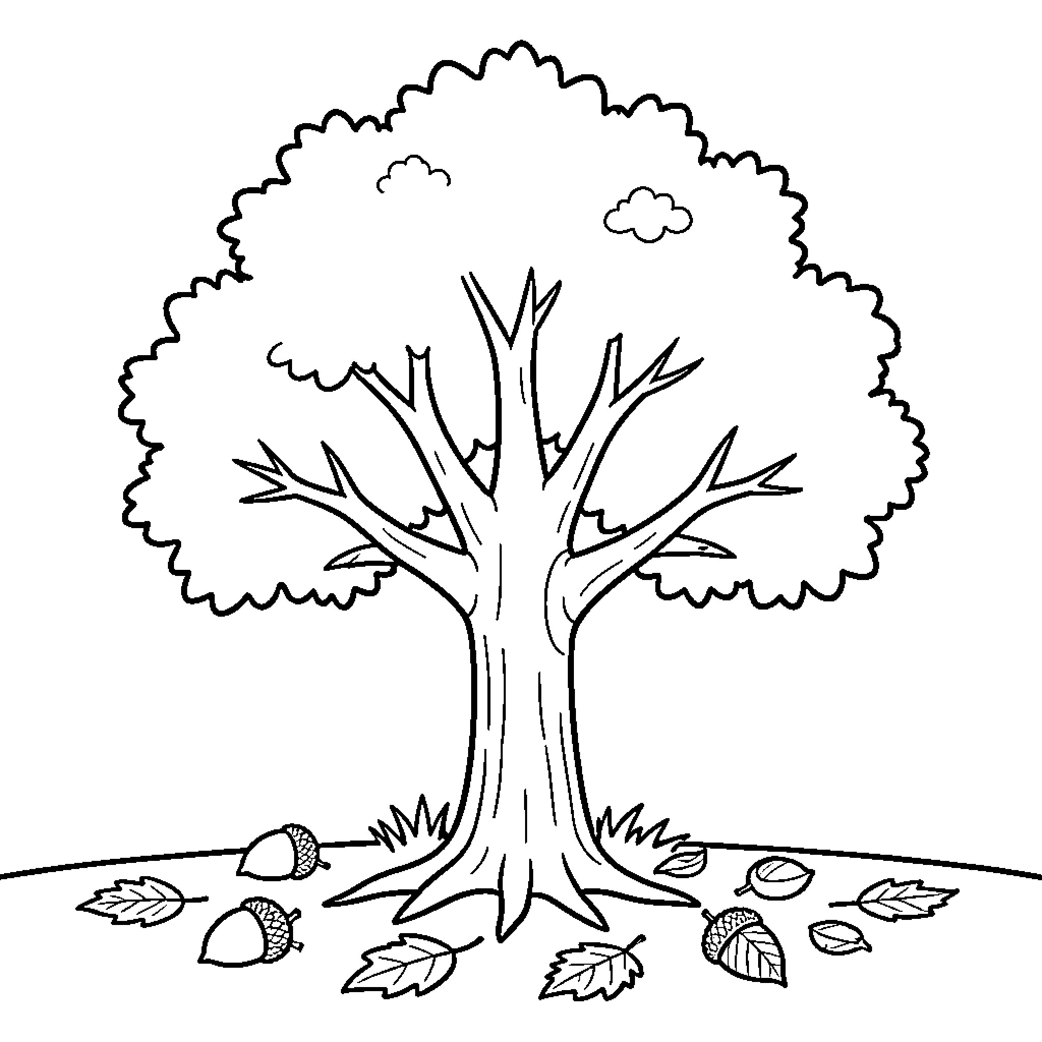 Chestnut Roaster with an oak tree and fallen acorns on the ground Coloring Page (free black-and-white line drawing printable PDF for all, from beginners to advanced learners, including children, teens, adults, and seniors)