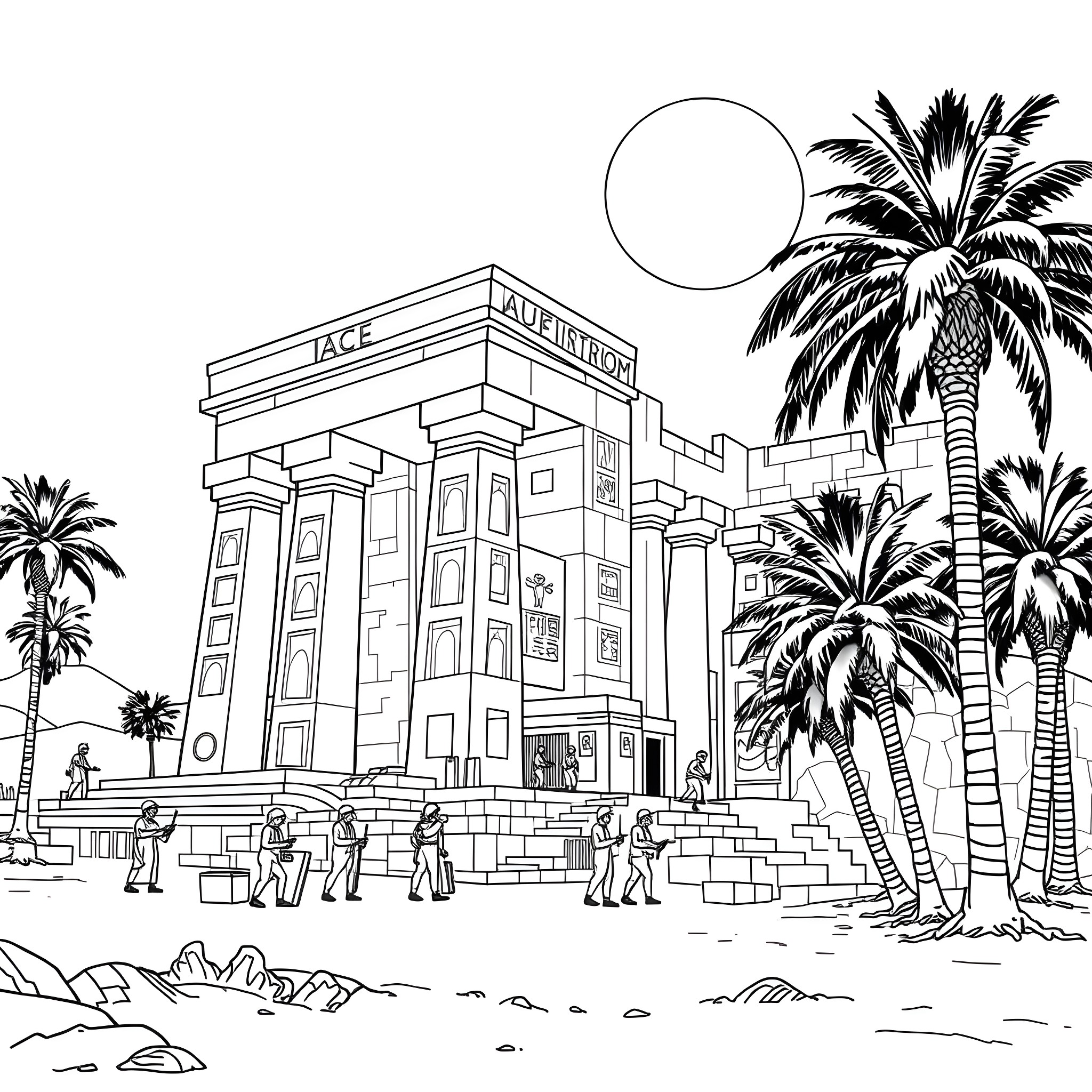 Temple with people and palm trees in scenic landscape Coloring Page (free black-and-white line drawing printable PDF for all, from beginners to advanced learners, including children, teens, adults, and seniors)