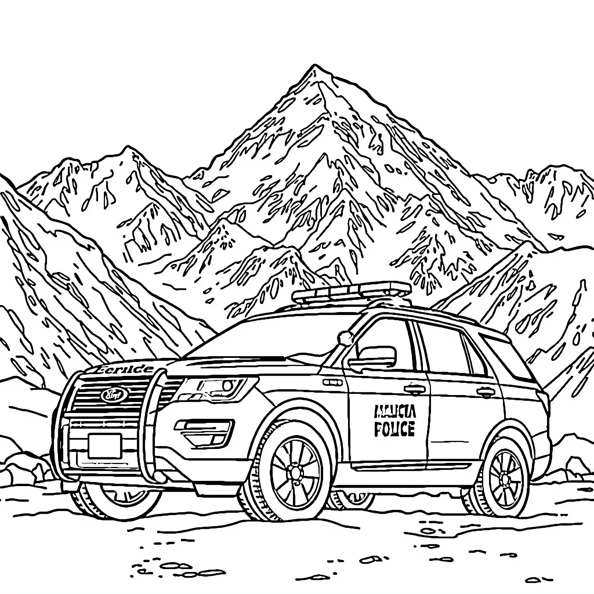 Police Car Patrolling in Snowy Mountain Landscape Coloring Page (free black-and-white line drawing printable PDF for all, from beginners to advanced learners, including children, teens, adults, and seniors)