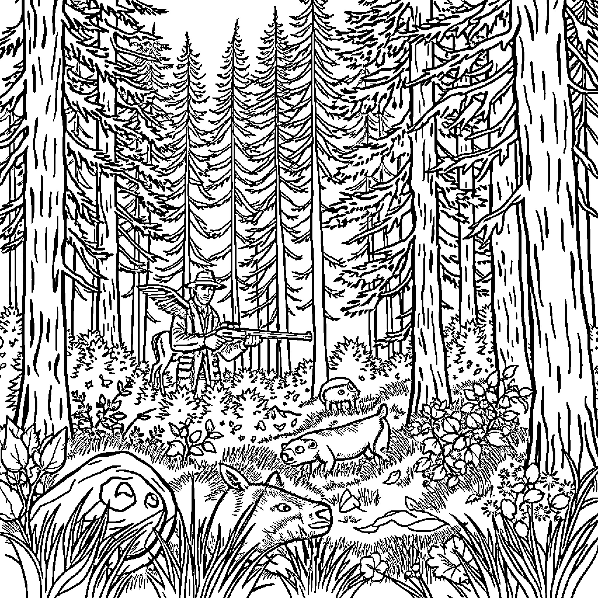 Hunting wildlife in the dense forest Coloring Page (free black-and-white line drawing printable PDF for all, from beginners to advanced learners, including children, teens, adults, and seniors)