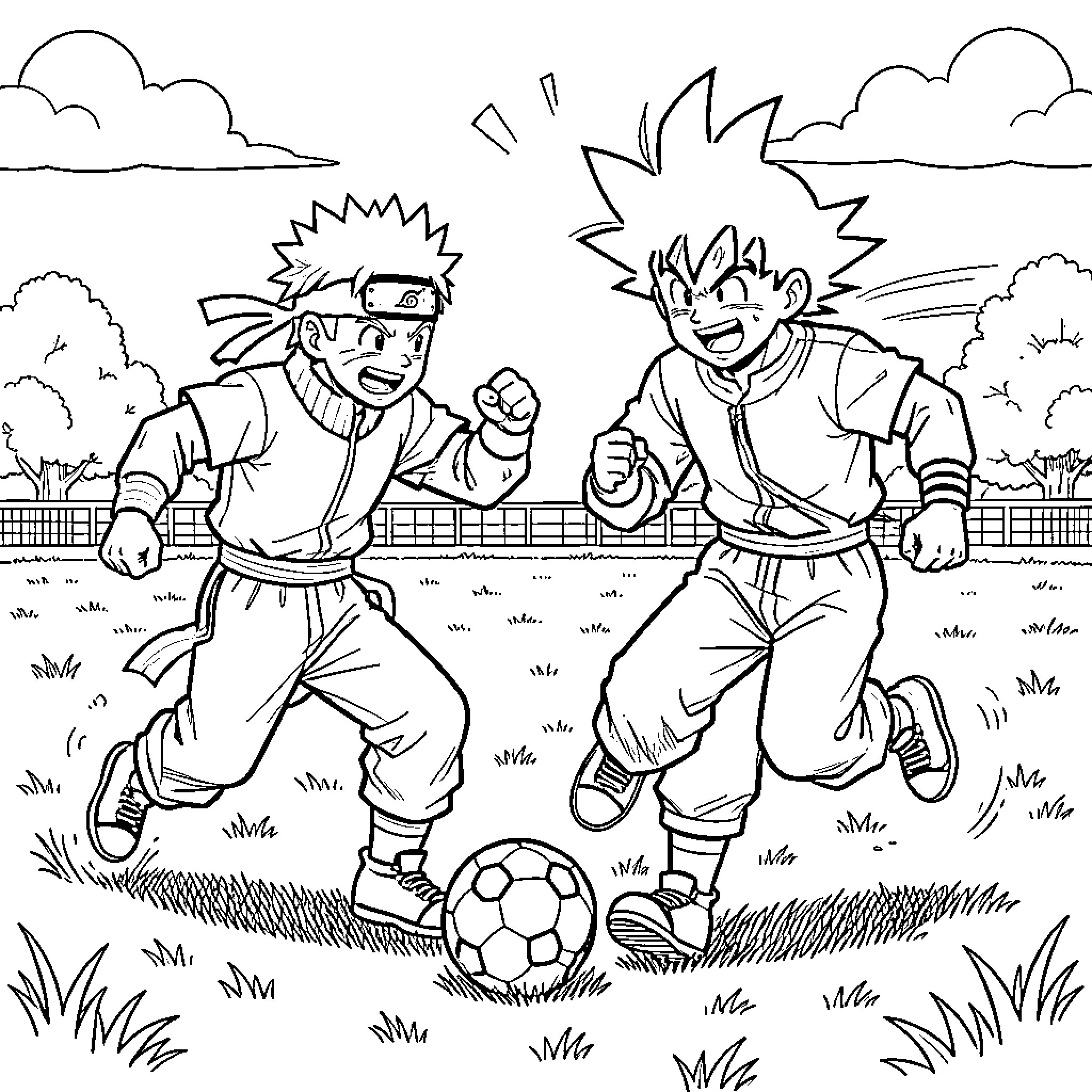 Naruto and a friend playing soccer in a field Coloring Page (free black-and-white line drawing printable PDF for all, from beginners to advanced learners, including children, teens, adults, and seniors)