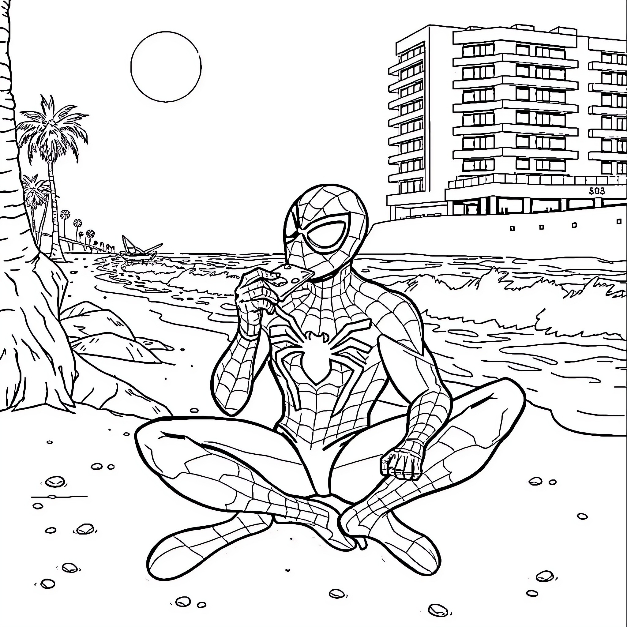 Spider-Man relaxing on the beach Coloring Page (free black-and-white line drawing printable PDF for all, from beginners to advanced learners, including children, teens, adults, and seniors)