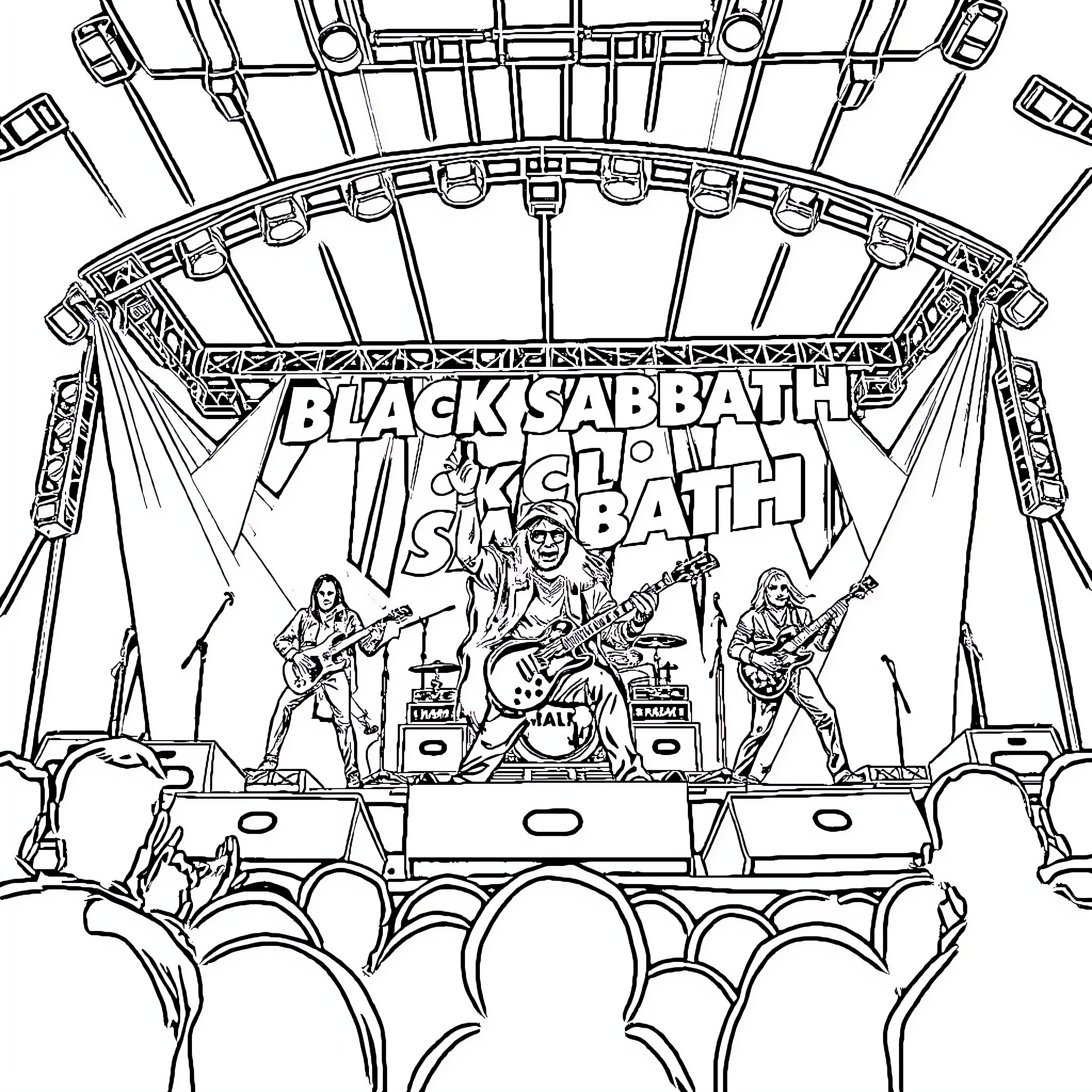 Black Sabbath performing on stage with band members Coloring Page (free black-and-white line drawing printable PDF for all, from beginners to advanced learners, including children, teens, adults, and seniors)