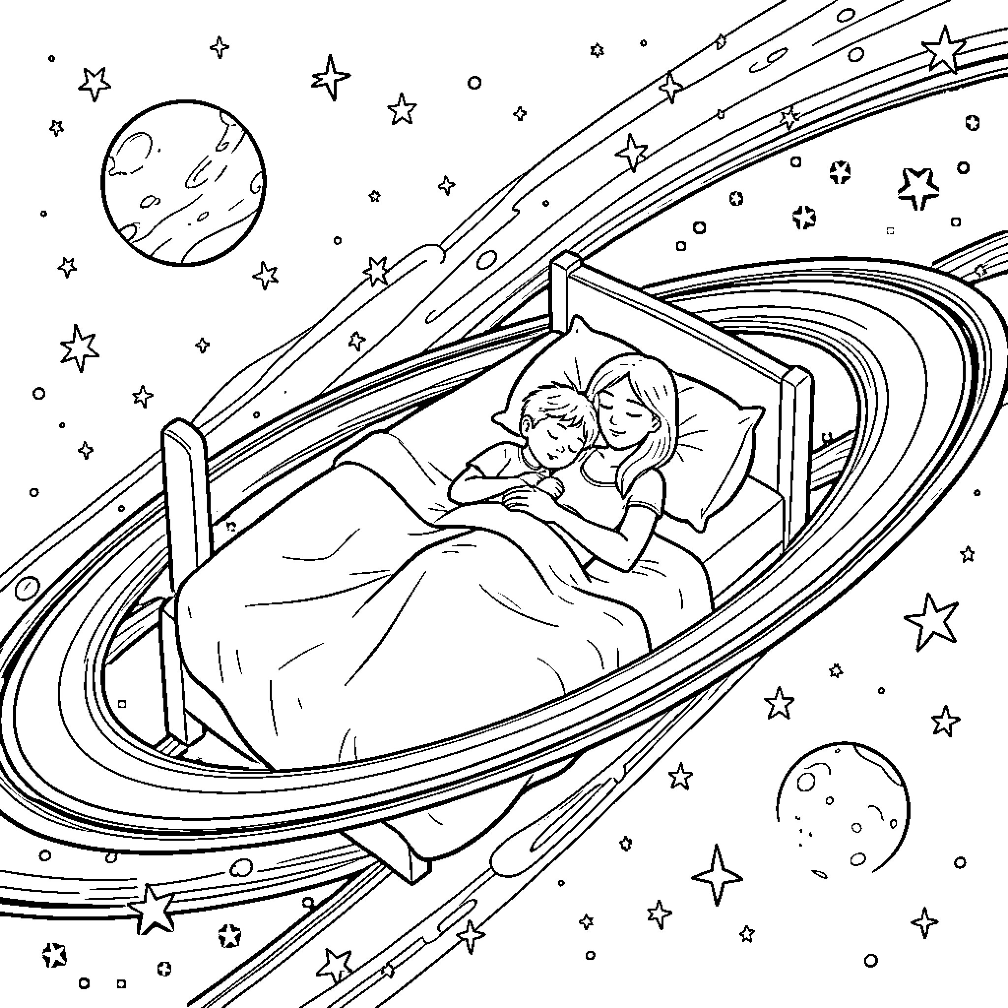 Mama and Child Gaze at the Starry Sky Coloring Page (free black-and-white line drawing printable PDF for all, from beginners to advanced learners, including children, teens, adults, and seniors)