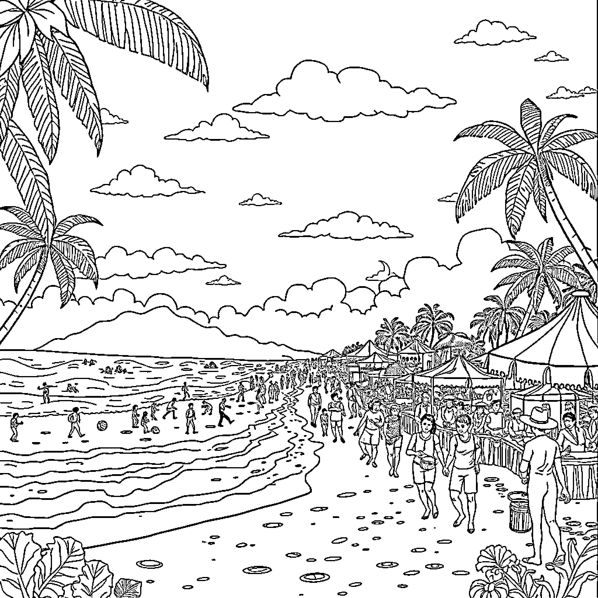 Brazil Beach Scene with Vibrant People and Palm Trees Coloring Page (free black-and-white line drawing printable PDF for all, from beginners to advanced learners, including children, teens, adults, and seniors)