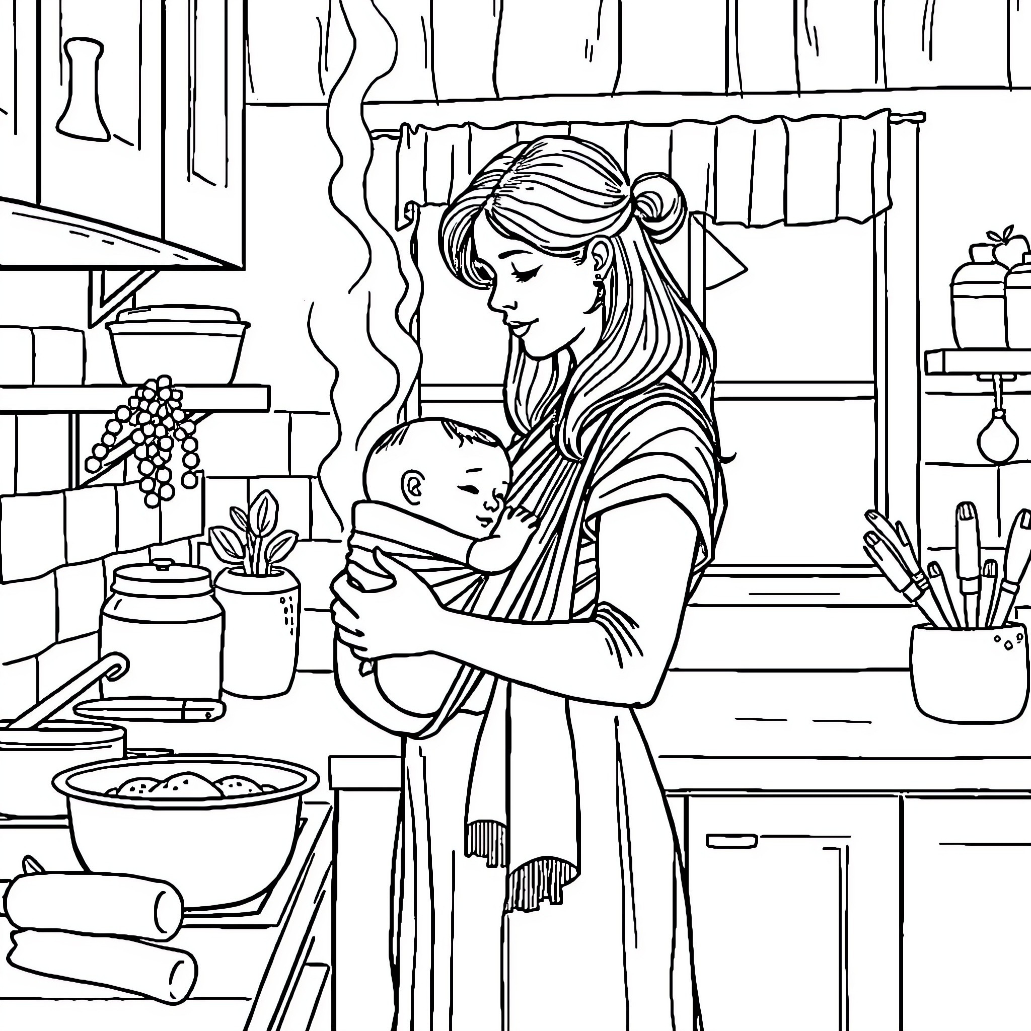 Mother Caring for Her Infant in the Kitchen Coloring Page (free black-and-white line drawing printable PDF for all, from beginners to advanced learners, including children, teens, adults, and seniors)