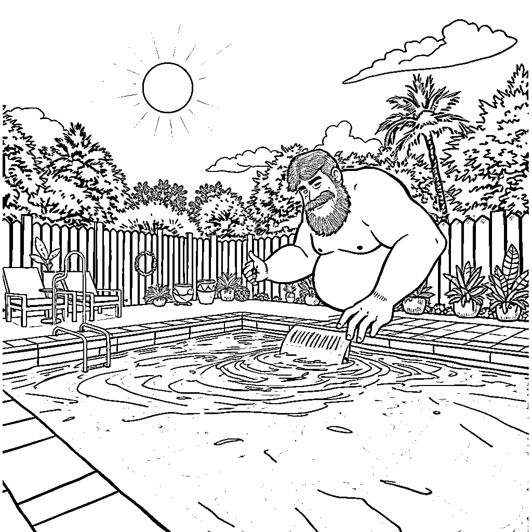 André Relaxing in the Outdoor Pool Coloring Page (free black-and-white line drawing printable PDF for all, from beginners to advanced learners, including children, teens, adults, and seniors)