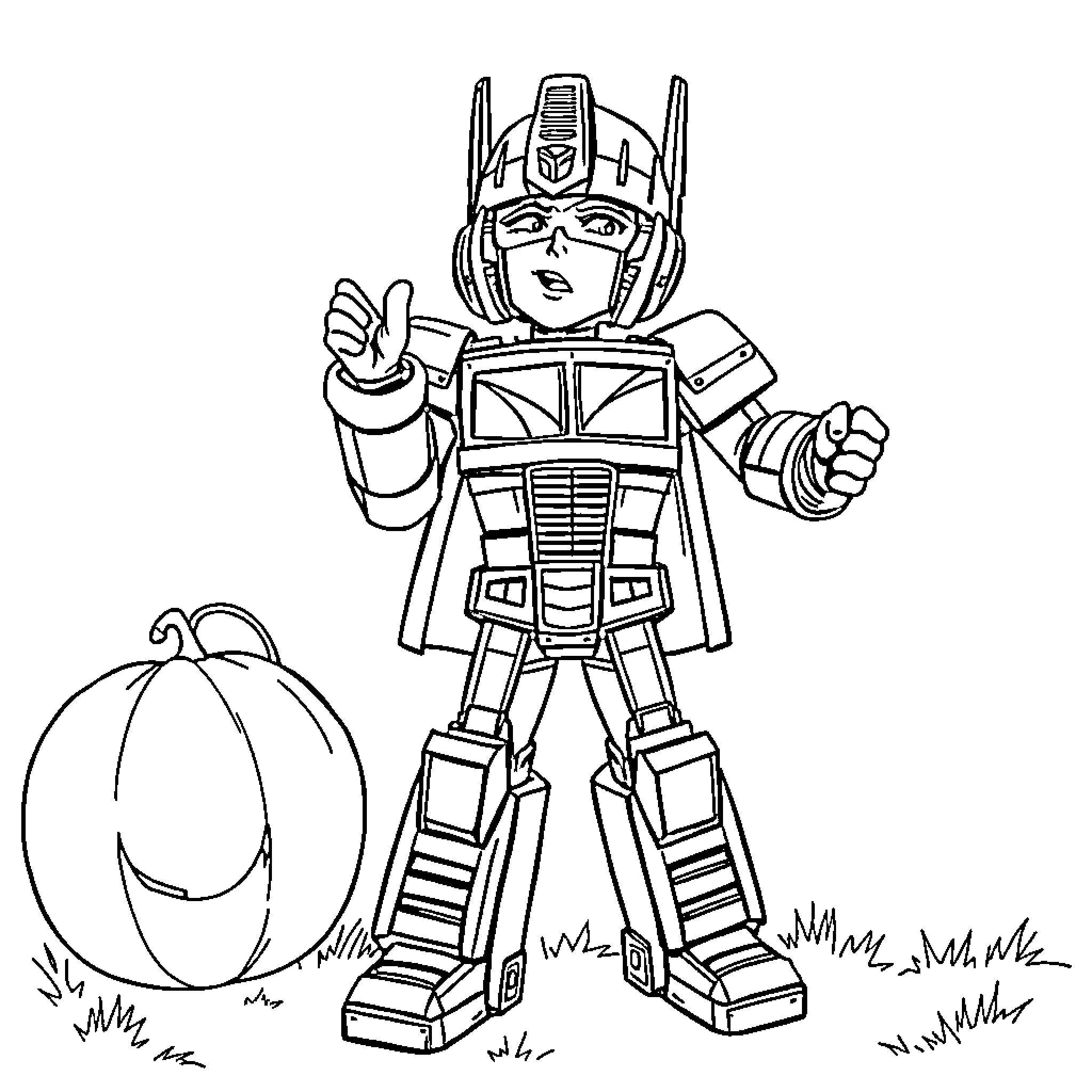 Boy robot toy striking a heroic pose Coloring Page (free black-and-white line drawing printable PDF for all, from beginners to advanced learners, including children, teens, adults, and seniors)