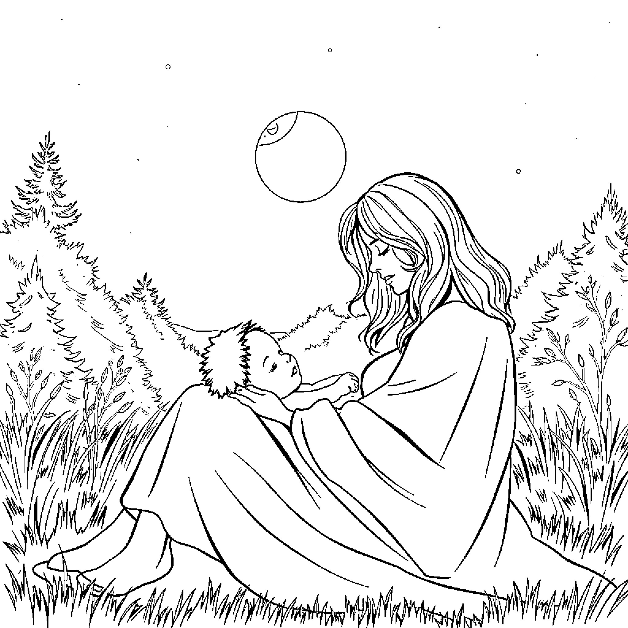 Woman comforting a child in a serene outdoor setting Coloring Page (free black-and-white line drawing printable PDF for all, from beginners to advanced learners, including children, teens, adults, and seniors)