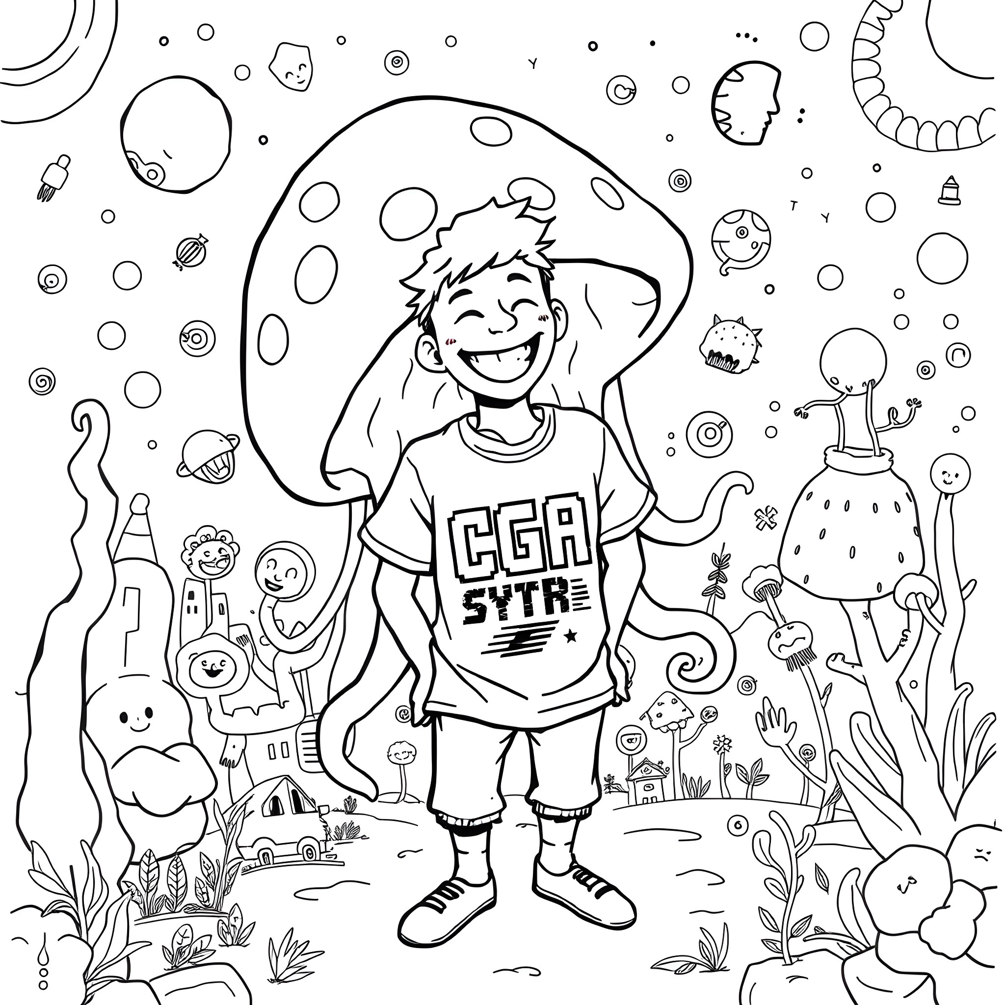 Amoeba Boy Exploring the Whimsical Underwater World Coloring Page (free black-and-white line drawing printable PDF for all, from beginners to advanced learners, including children, teens, adults, and seniors)