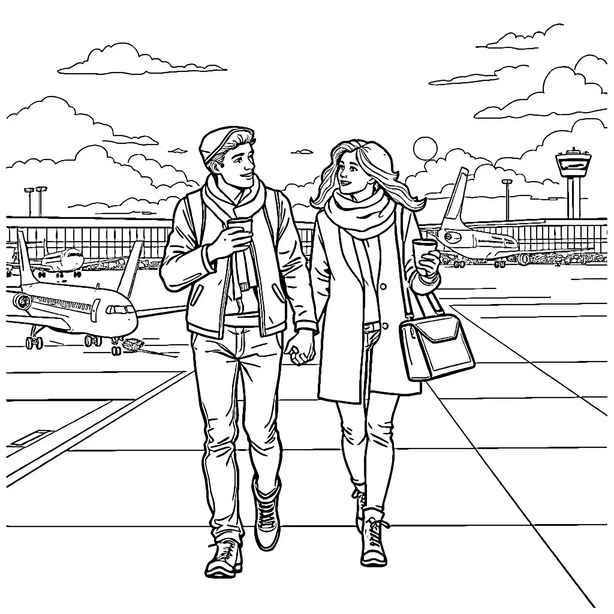 Couple walking together at the airport Coloring Page (free black-and-white line drawing printable PDF for all, from beginners to advanced learners, including children, teens, adults, and seniors)