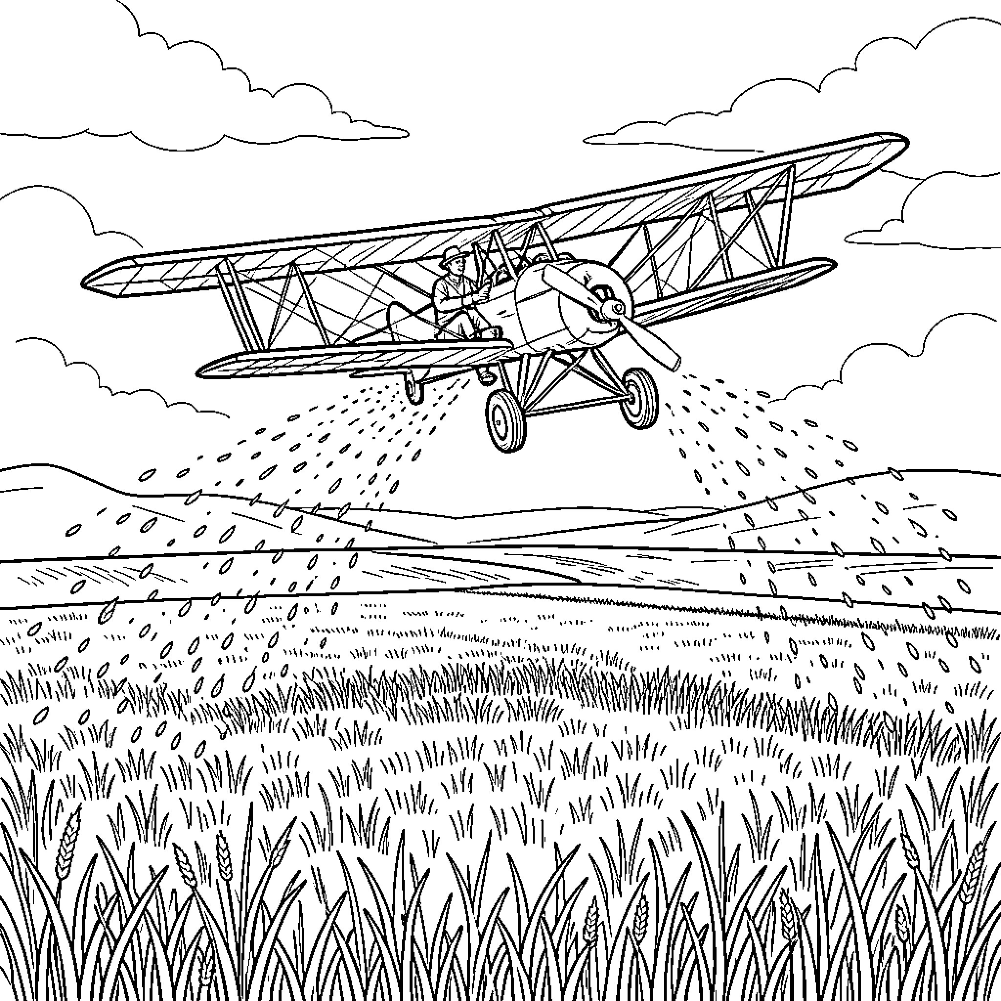 Farmer piloting a biplane to spray crops Coloring Page (free black-and-white line drawing printable PDF for all, from beginners to advanced learners, including children, teens, adults, and seniors)