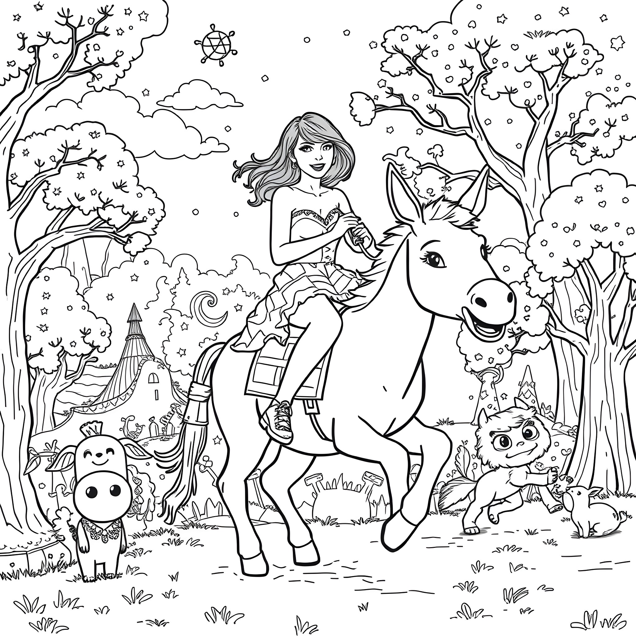 Taylor Swift riding a magical unicorn in a enchanting forest Coloring Page (free black-and-white line drawing printable PDF for all, from beginners to advanced learners, including children, teens, adults, and seniors)