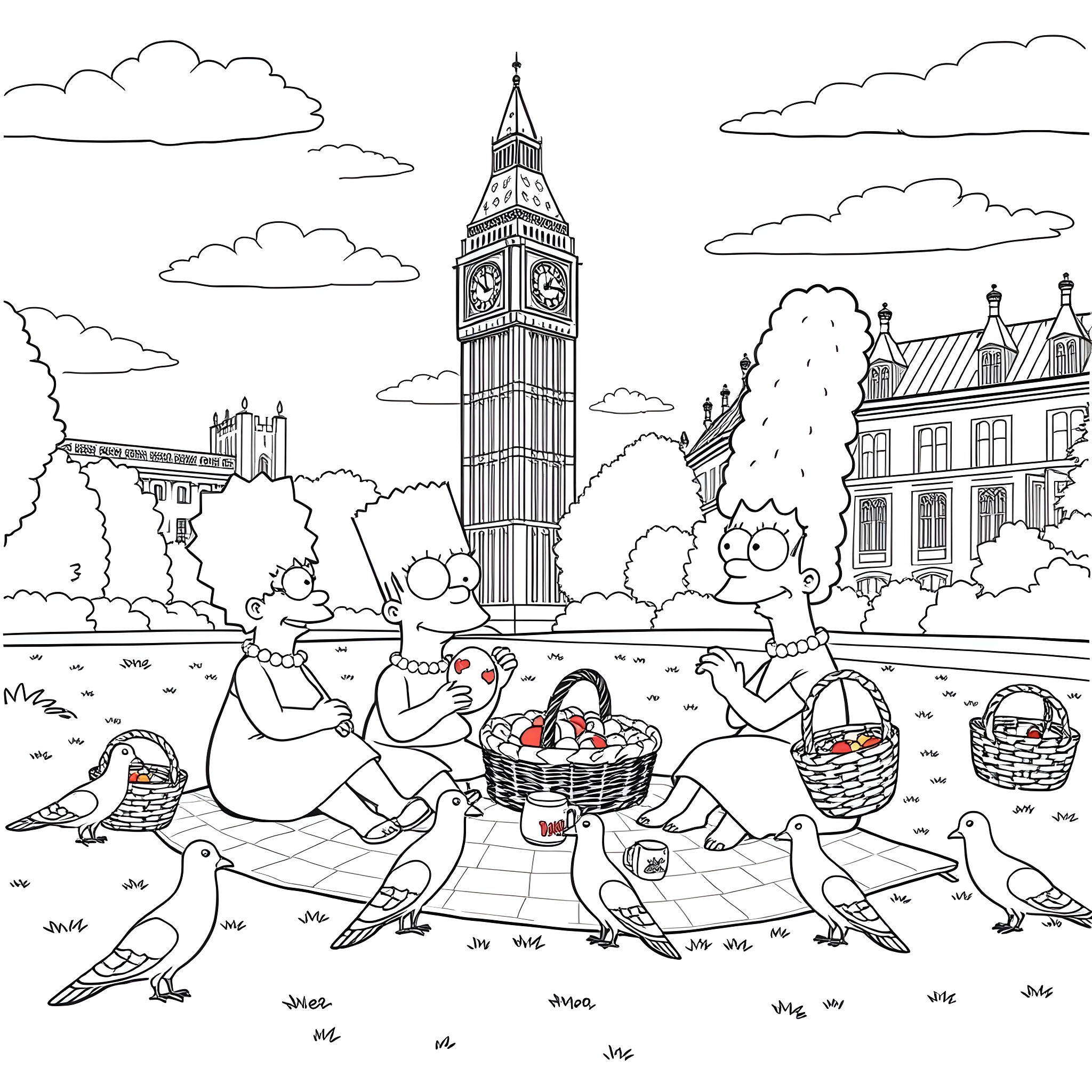 Simpson family's picnic at the park with Big Ben Coloring Page (free black-and-white line drawing printable PDF for all, from beginners to advanced learners, including children, teens, adults, and seniors)