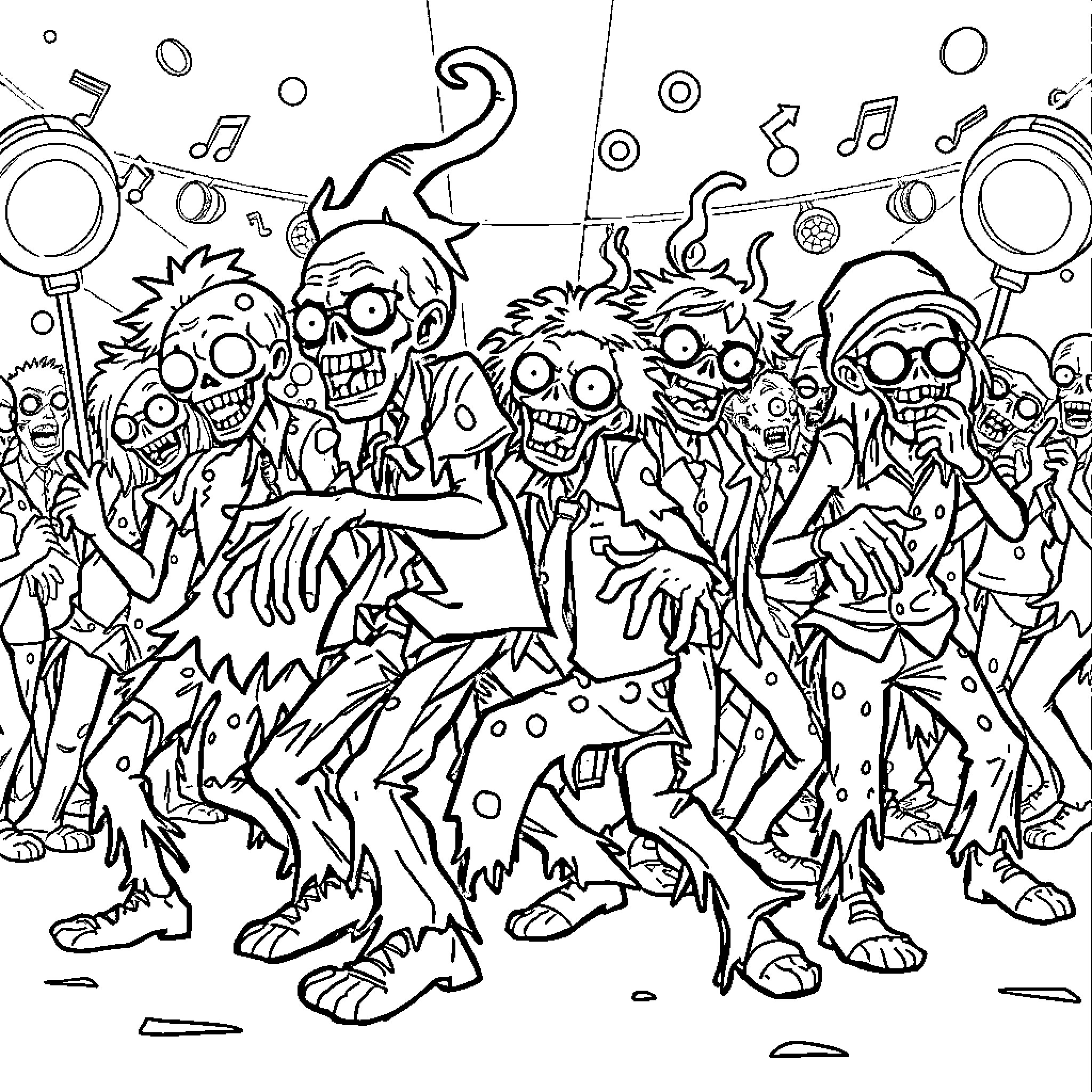 Zombie Party with Crazy Expressions and Outfits Coloring Page (free black-and-white line drawing printable PDF for all, from beginners to advanced learners, including children, teens, adults, and seniors)