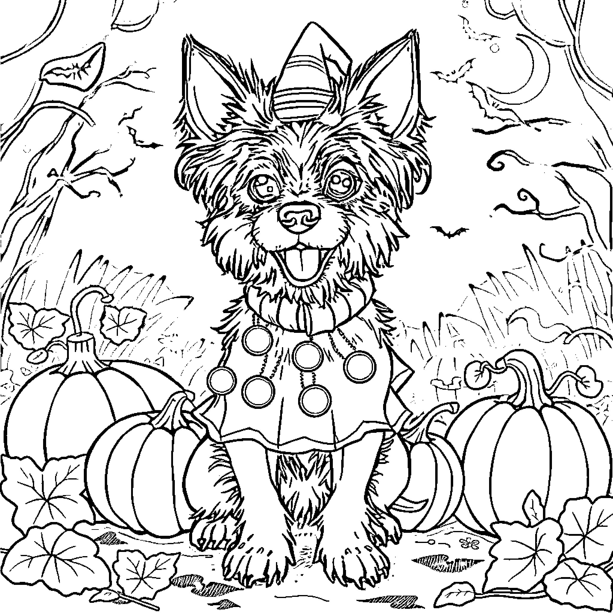 Paw Patrol Puppy Celebrates Autumn Harvest Coloring Page (free black-and-white line drawing printable PDF for all, from beginners to advanced learners, including children, teens, adults, and seniors)