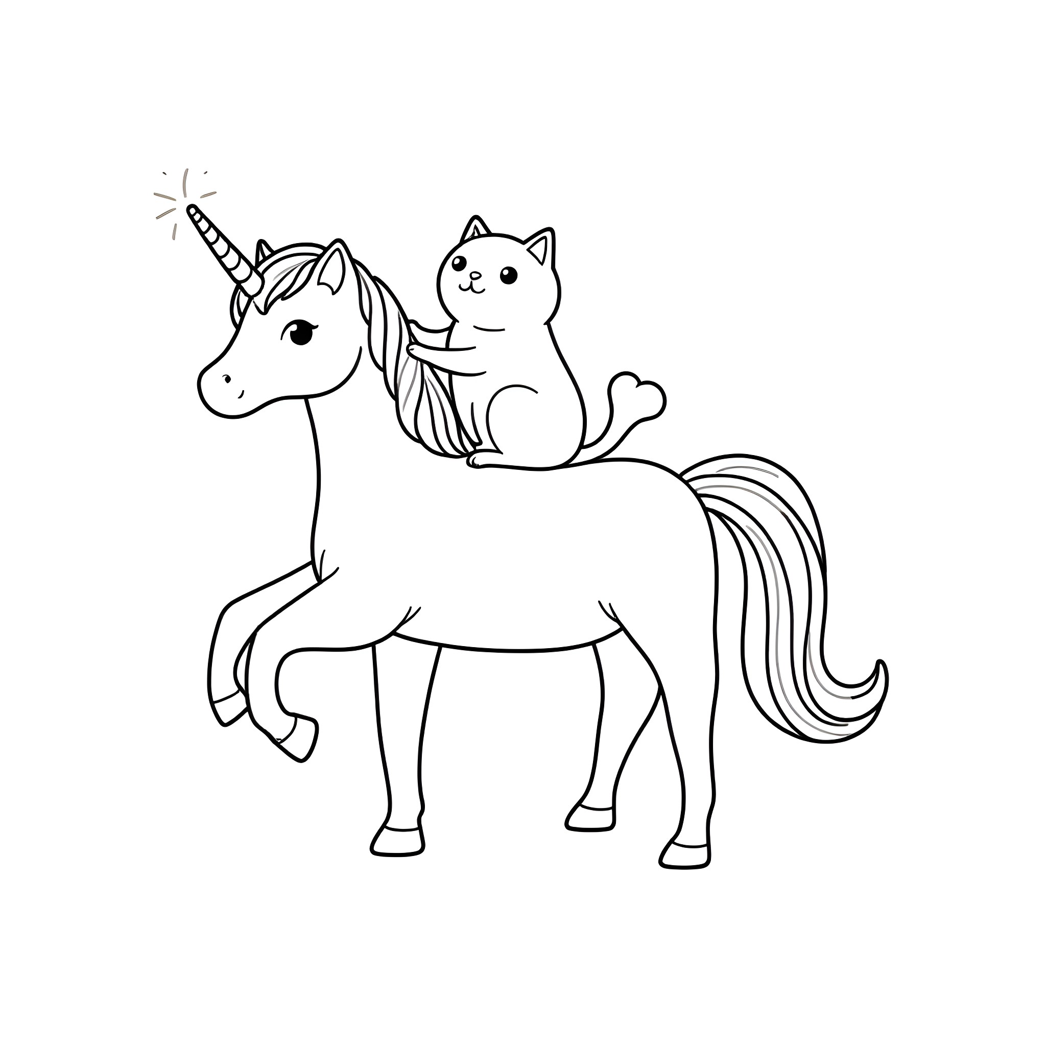 Cat riding a unicorn Coloring Page (free black-and-white line drawing printable PDF for all, from beginners to advanced learners, including children, teens, adults, and seniors)