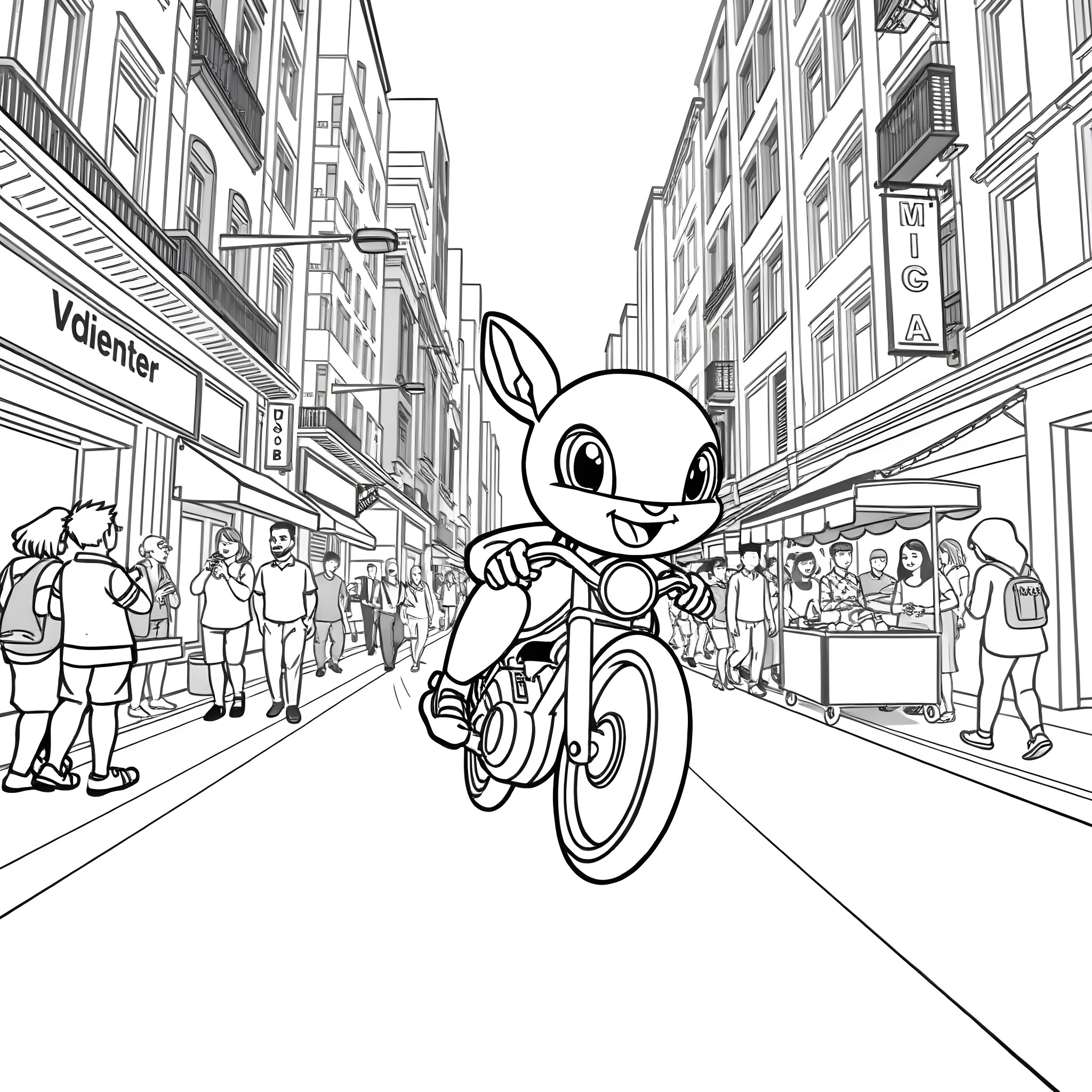 Charmandar riding a bicycle on a city street Coloring Page (free black-and-white line drawing printable PDF for all, from beginners to advanced learners, including children, teens, adults, and seniors)