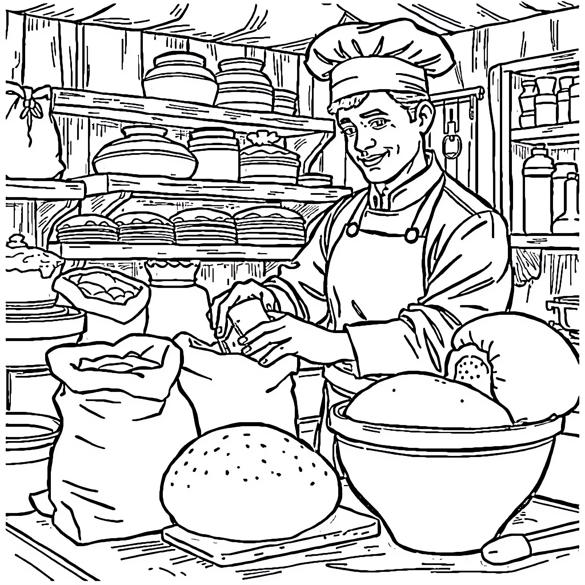 Pastry Chef Preparing Delectable Treats in Kitchen Coloring Page (free black-and-white line drawing printable PDF for all, from beginners to advanced learners, including children, teens, adults, and seniors)