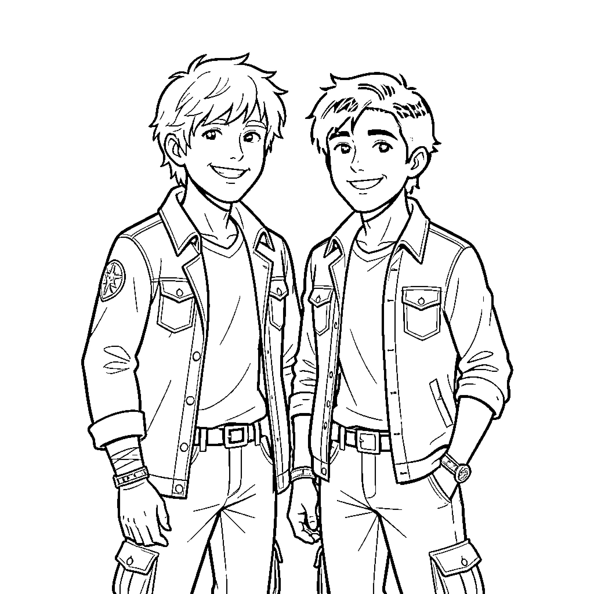Solangelo: Two young men in casual outfits smiling together Coloring Page (free black-and-white line drawing printable PDF for all, from beginners to advanced learners, including children, teens, adults, and seniors)
