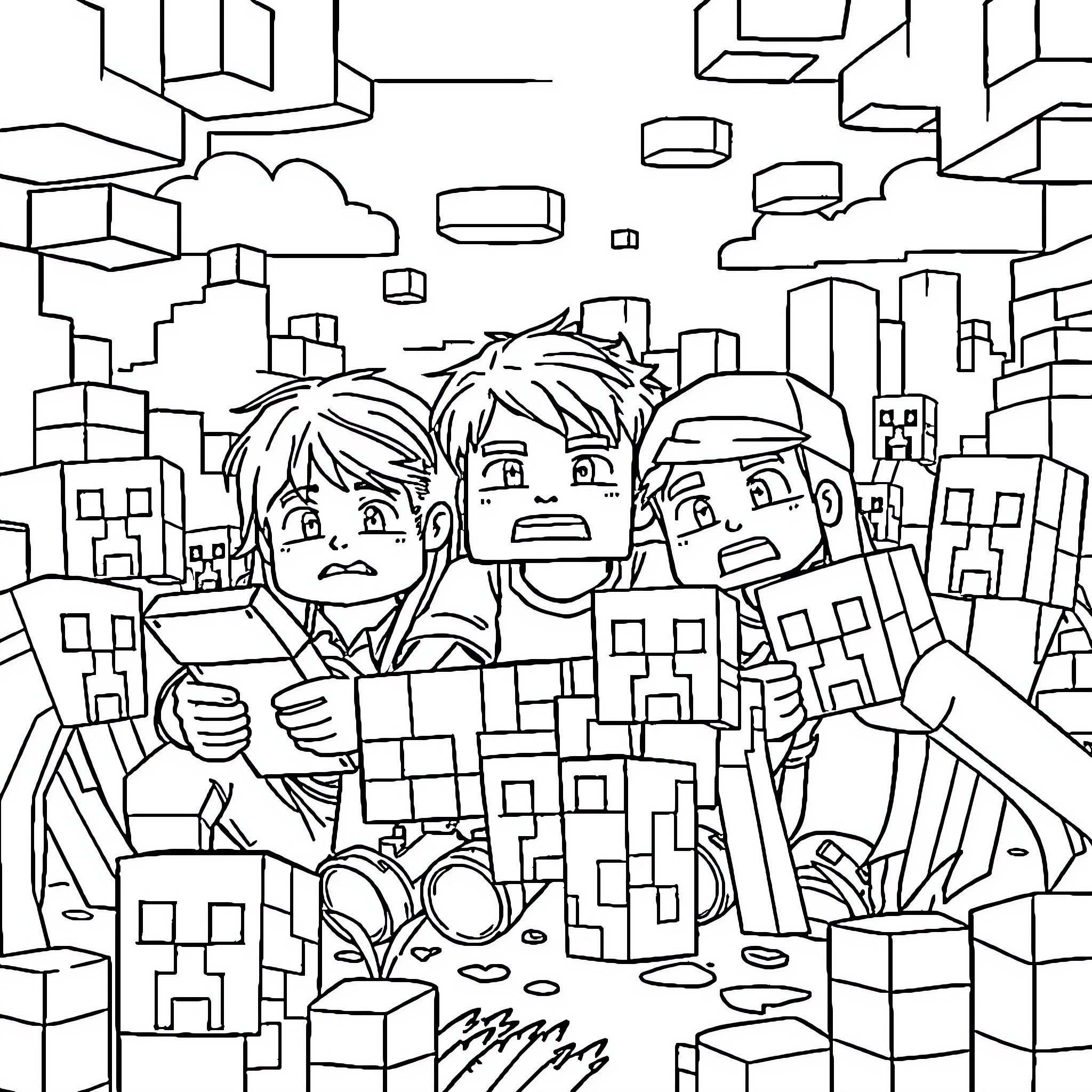 Brother Gamers Exploring the Digital Cityscape Coloring Page (free black-and-white line drawing printable PDF for all, from beginners to advanced learners, including children, teens, adults, and seniors)