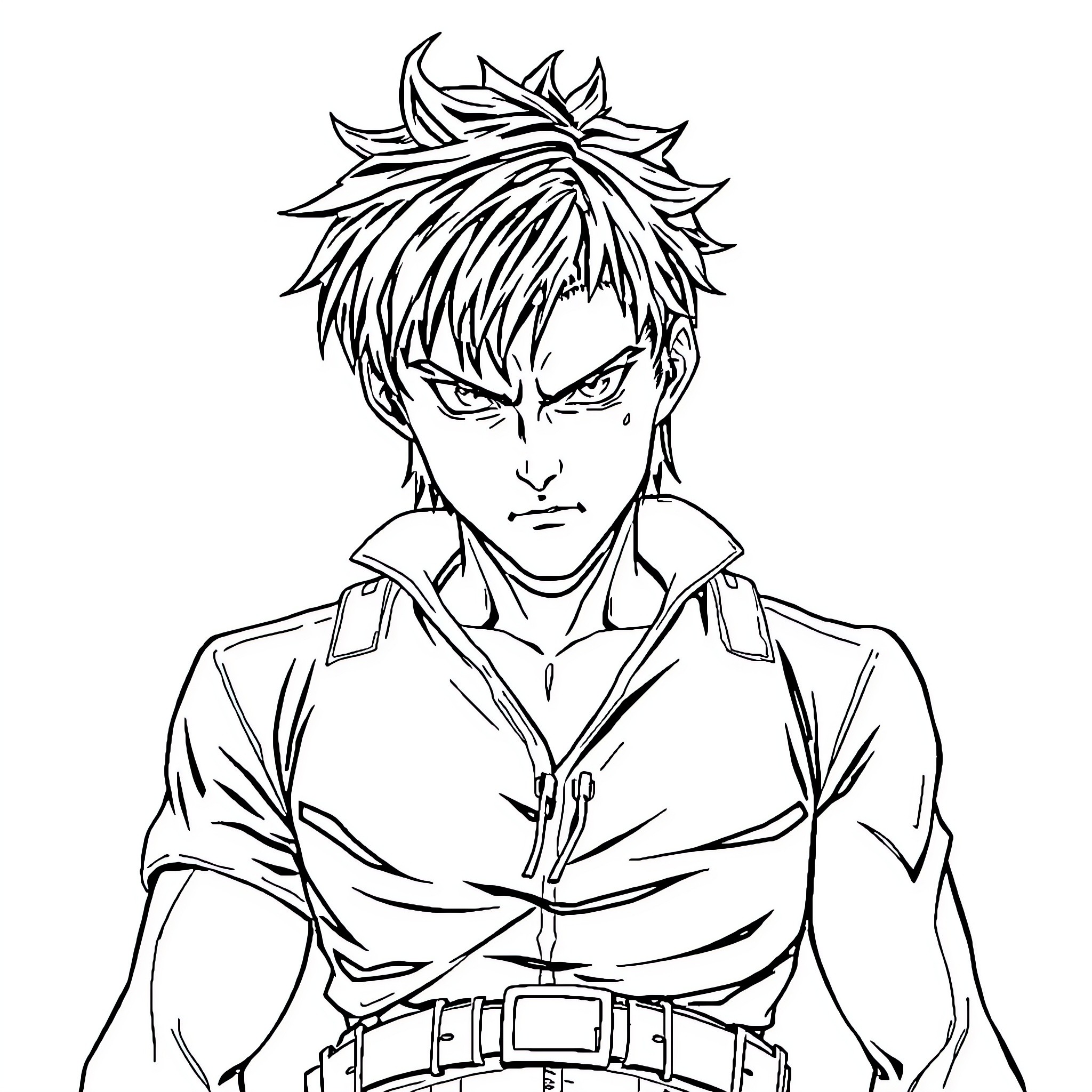 Eren Yeager's determined expression and heroic attire Coloring Page (free black-and-white line drawing printable PDF for all, from beginners to advanced learners, including children, teens, adults, and seniors)