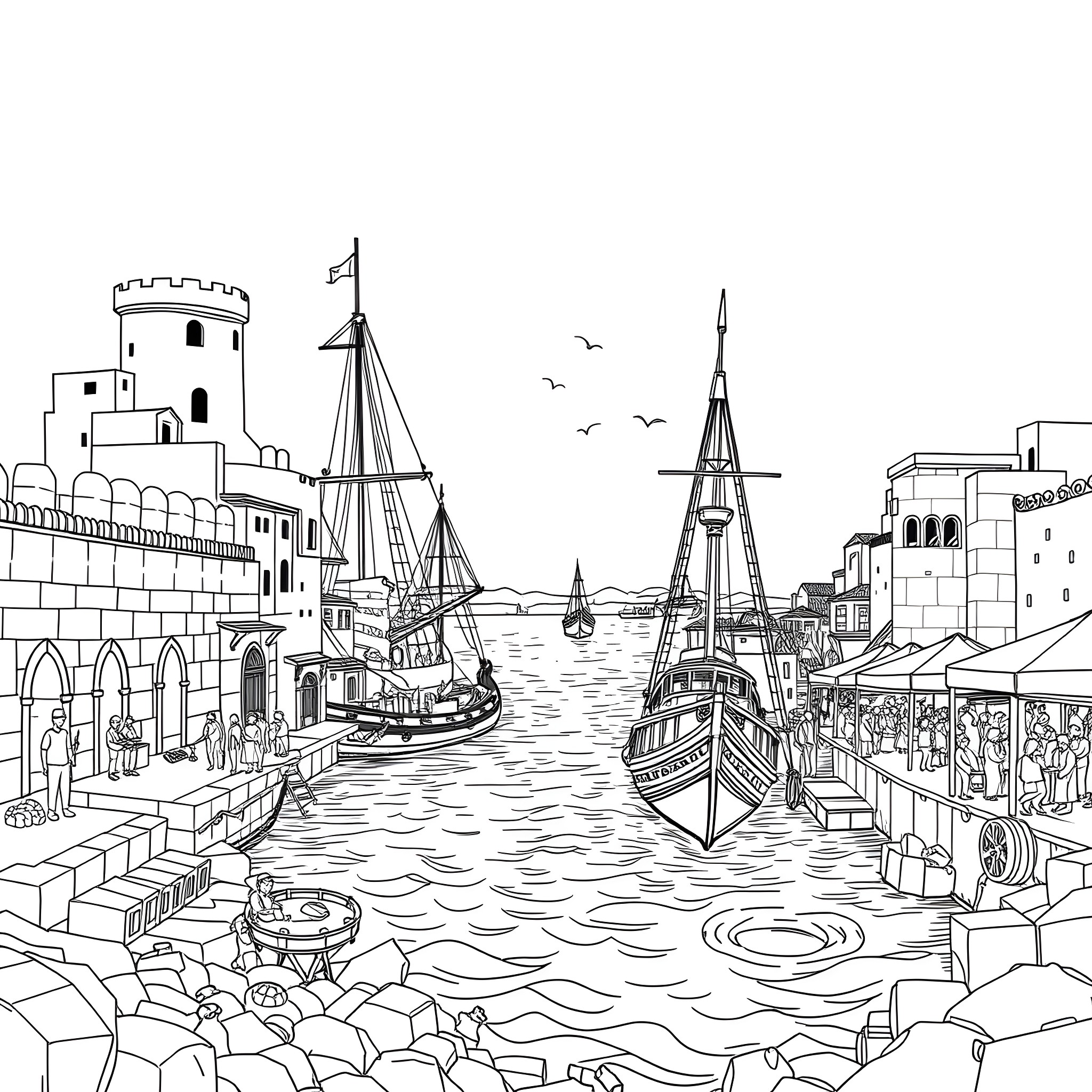 Life in a Bustling Coastal Town Coloring Page (free black-and-white line drawing printable PDF for all, from beginners to advanced learners, including children, teens, adults, and seniors)