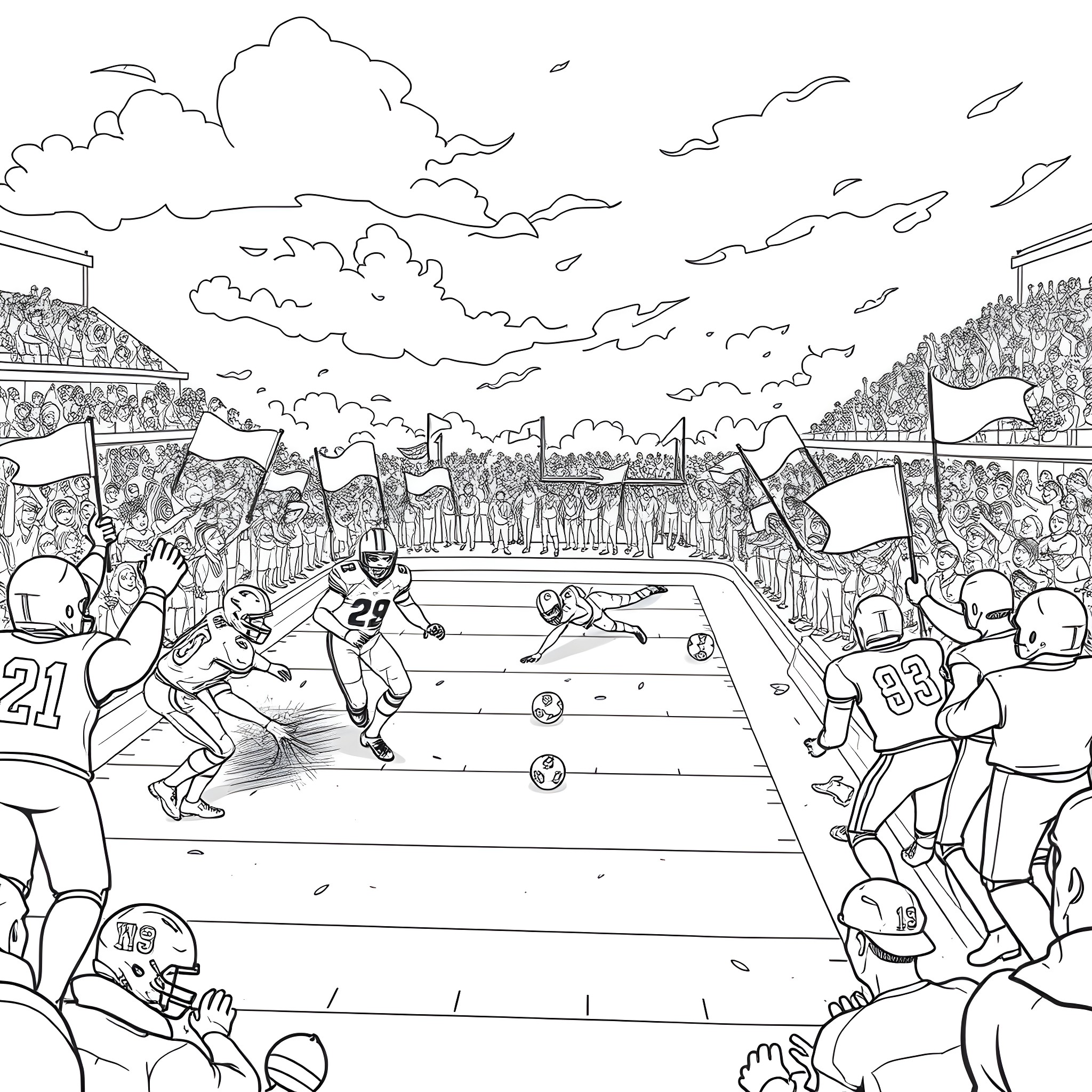 Washington Commanders Players in Football Game Action Coloring Page (free black-and-white line drawing printable PDF for all, from beginners to advanced learners, including children, teens, adults, and seniors)