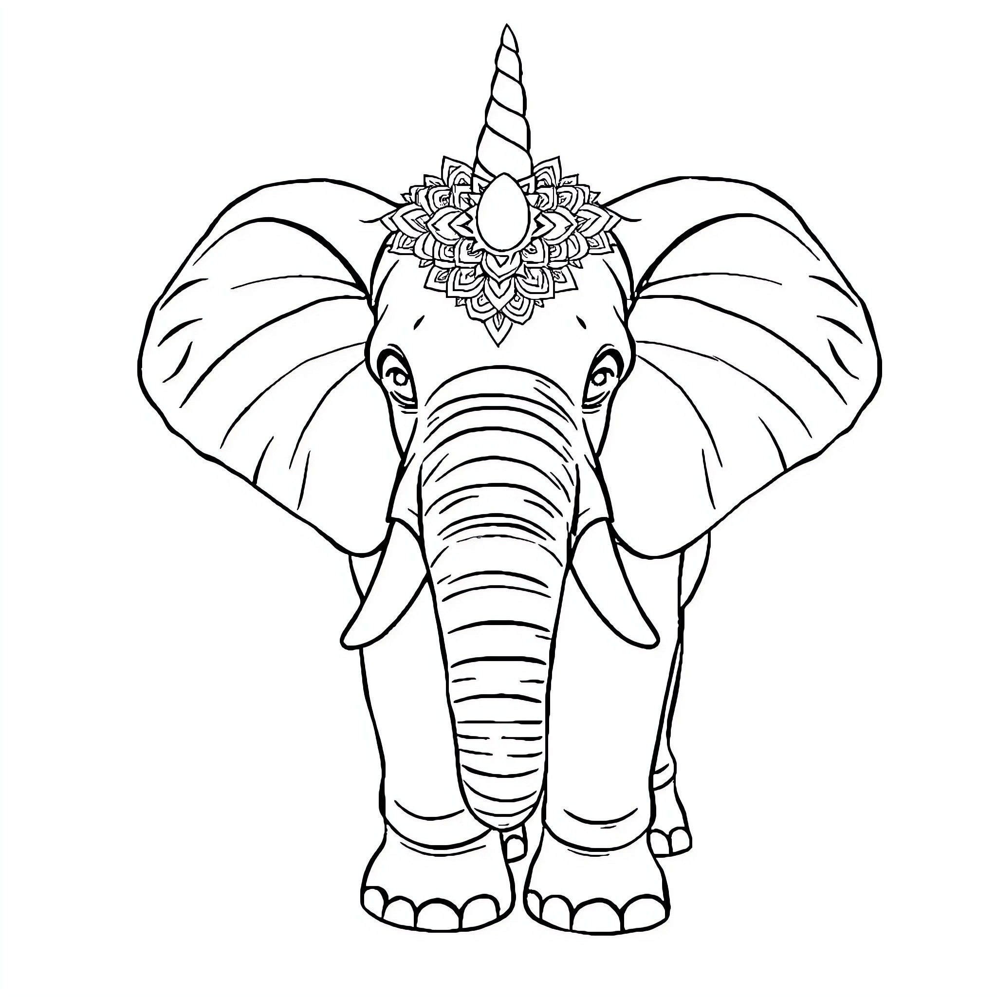 Elephant with ornate headpiece and raised trunk Coloring Page (free black-and-white line drawing printable PDF for all, from beginners to advanced learners, including children, teens, adults, and seniors)