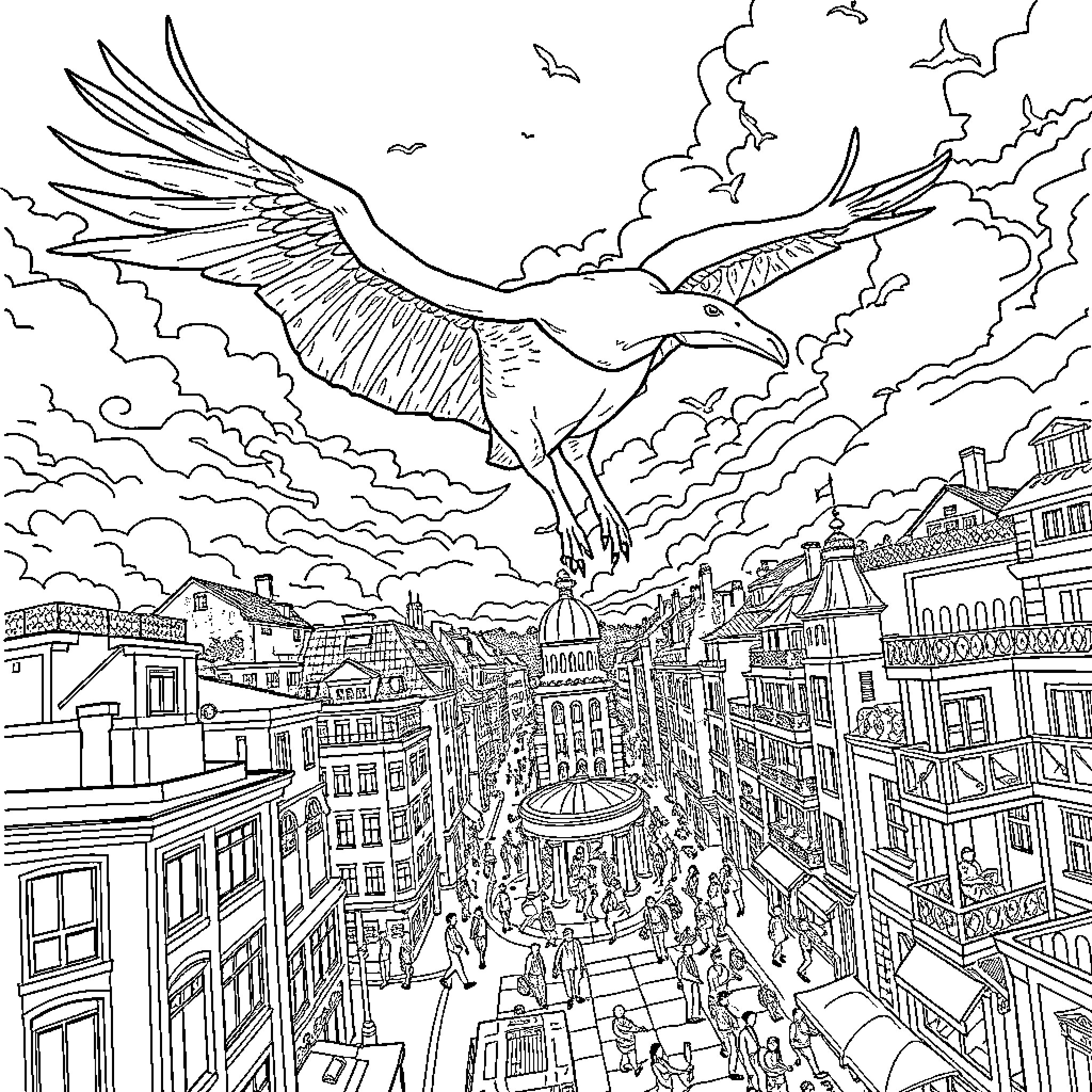 Pterodactyl soaring over a bustling cityscape Coloring Page (free black-and-white line drawing printable PDF for all, from beginners to advanced learners, including children, teens, adults, and seniors)