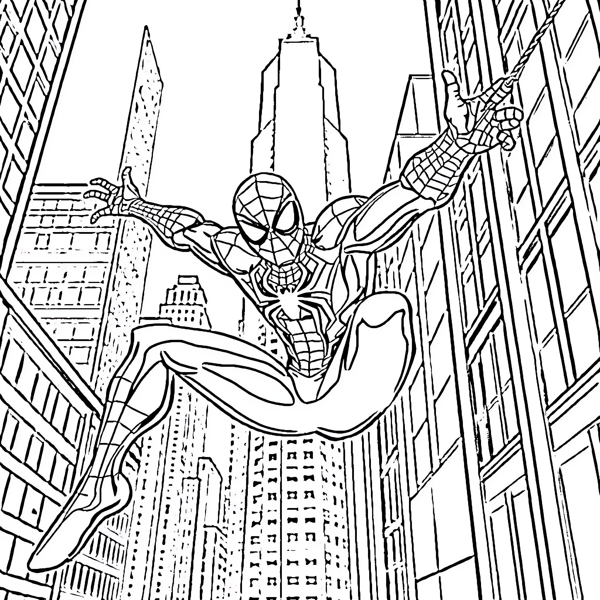 Spiderman swinging through the city skyline Coloring Page (free black-and-white line drawing printable PDF for all, from beginners to advanced learners, including children, teens, adults, and seniors)