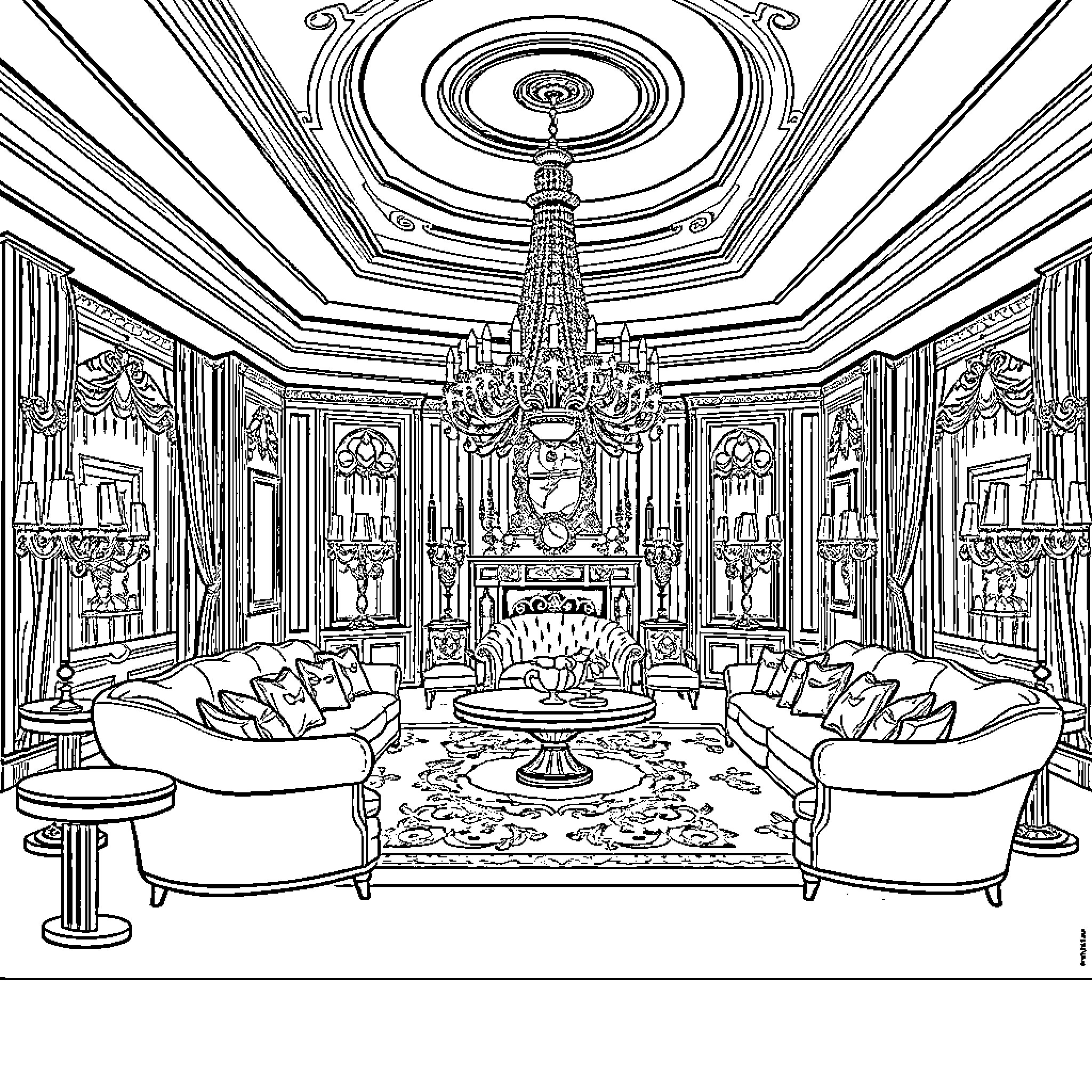 Mansion with Elegant Interior Design and Furnishings Coloring Page (free black-and-white line drawing printable PDF for all, from beginners to advanced learners, including children, teens, adults, and seniors)