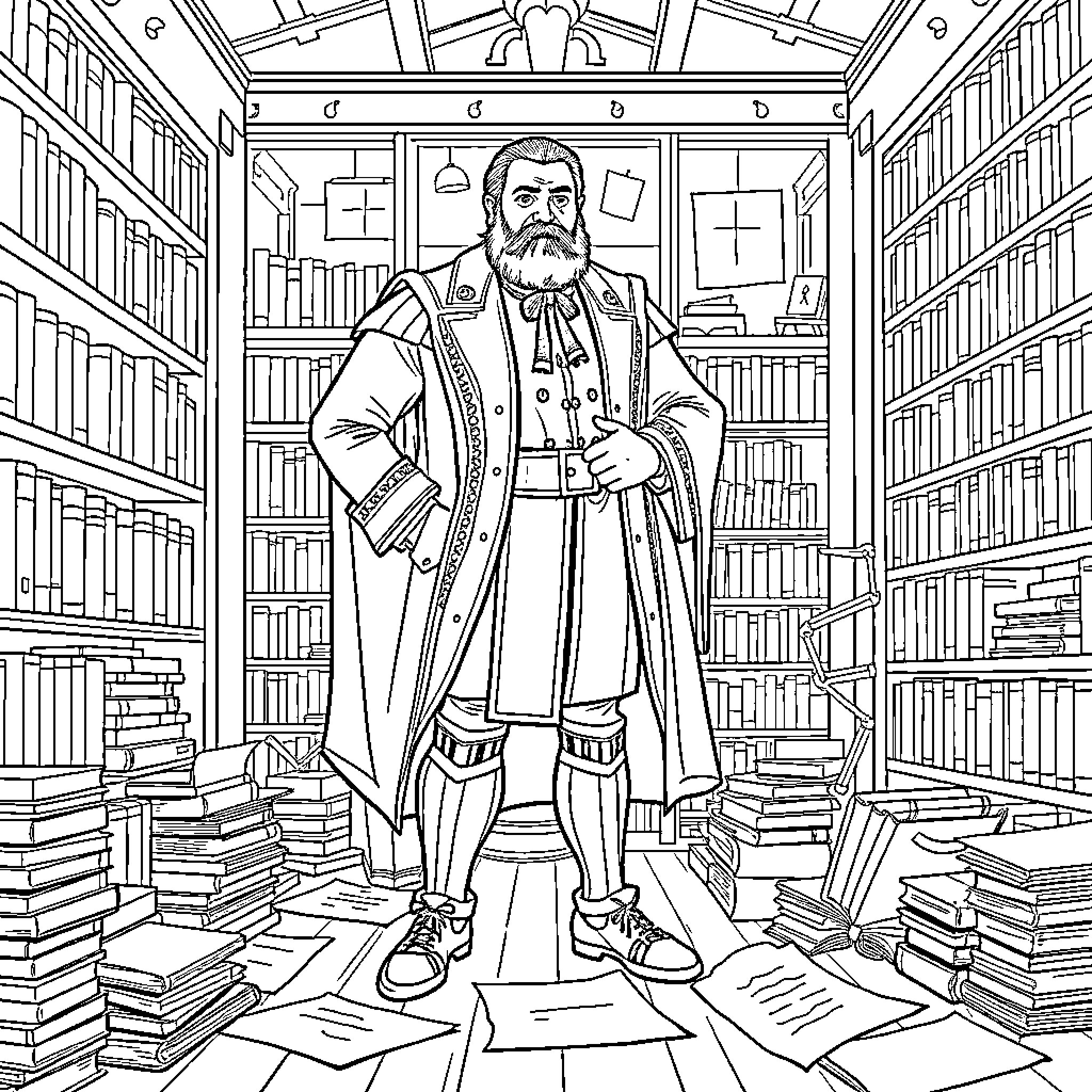 Andrés Bello in his study surrounded by books Coloring Page (free black-and-white line drawing printable PDF for all, from beginners to advanced learners, including children, teens, adults, and seniors)