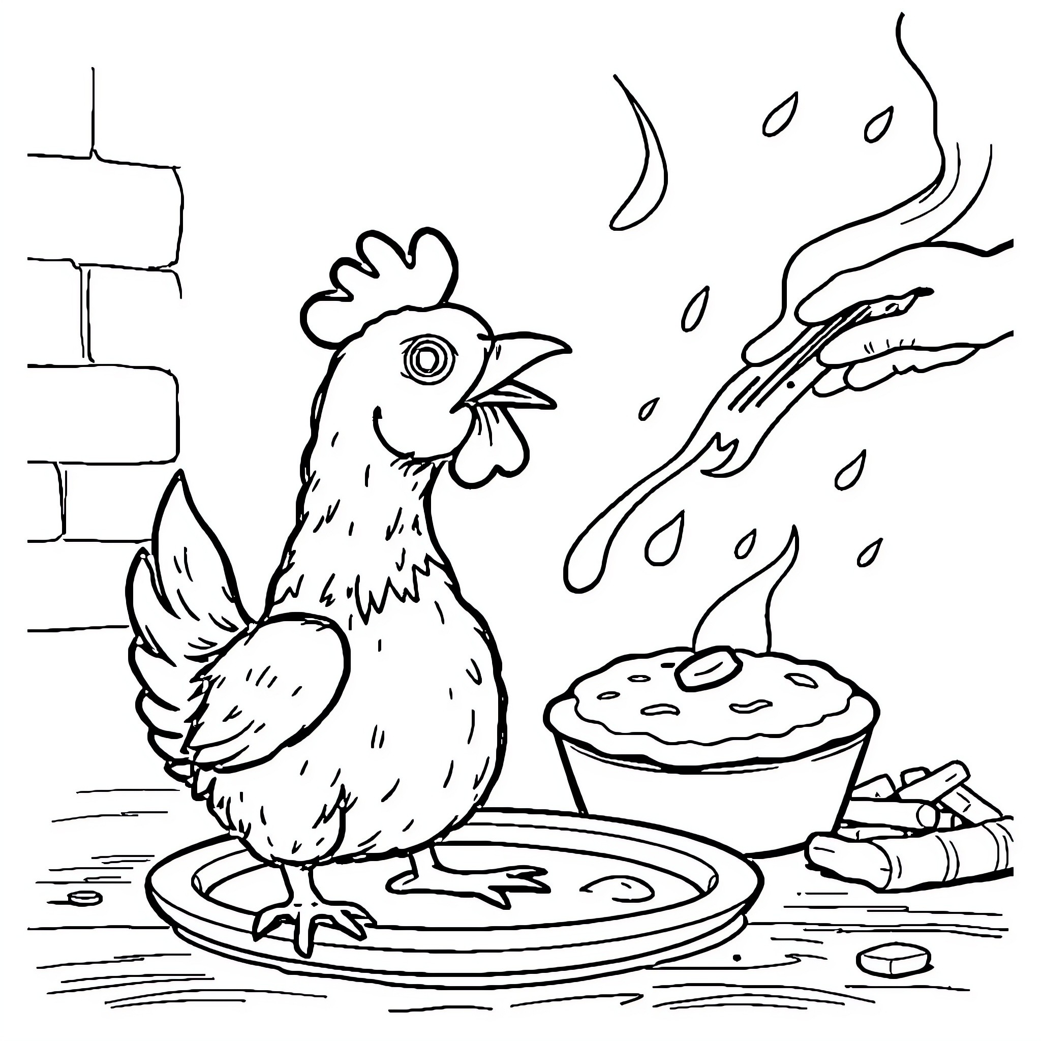 Chicken cooking in rainy kitchen Coloring Page (free black-and-white line drawing printable PDF for all, from beginners to advanced learners, including children, teens, adults, and seniors)
