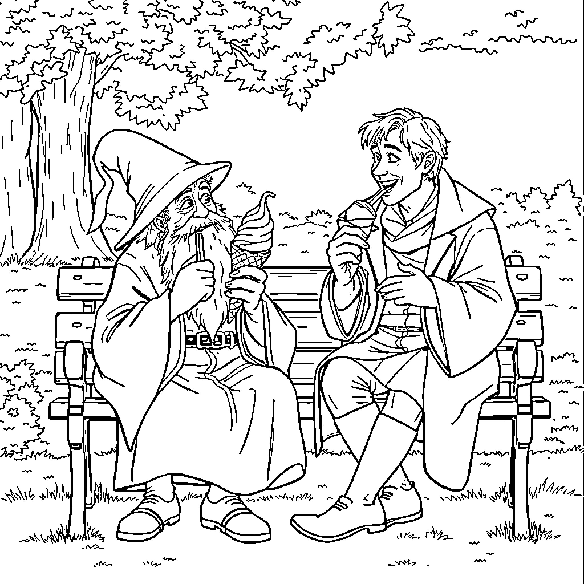 Wizard's Enchanting Conversation with Wanderer in Woodland Setting Coloring Page (free black-and-white line drawing printable PDF for all, from beginners to advanced learners, including children, teens, adults, and seniors)