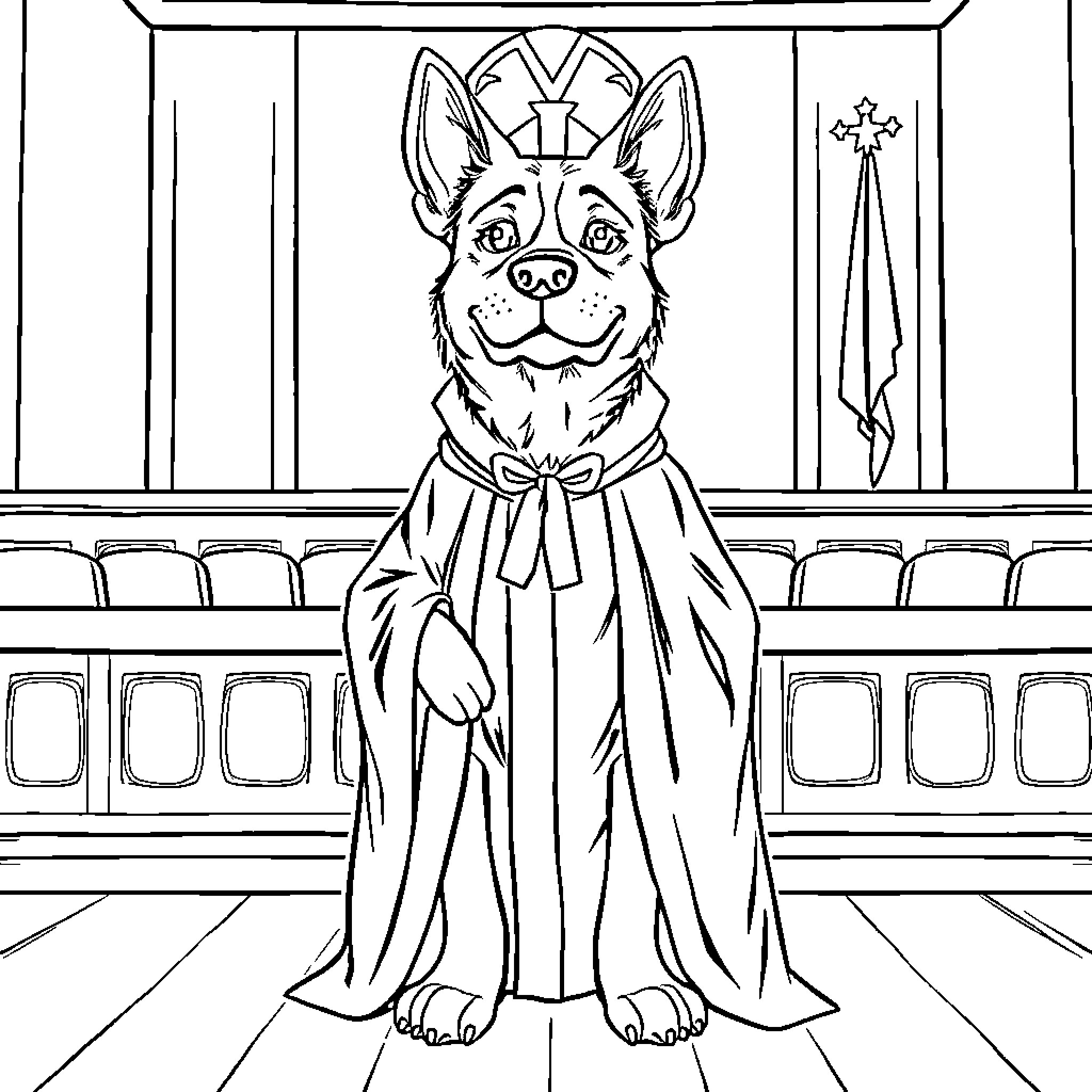 Dog wearing a robe and crown in a formal setting Coloring Page (free black-and-white line drawing printable PDF for all, from beginners to advanced learners, including children, teens, adults, and seniors)