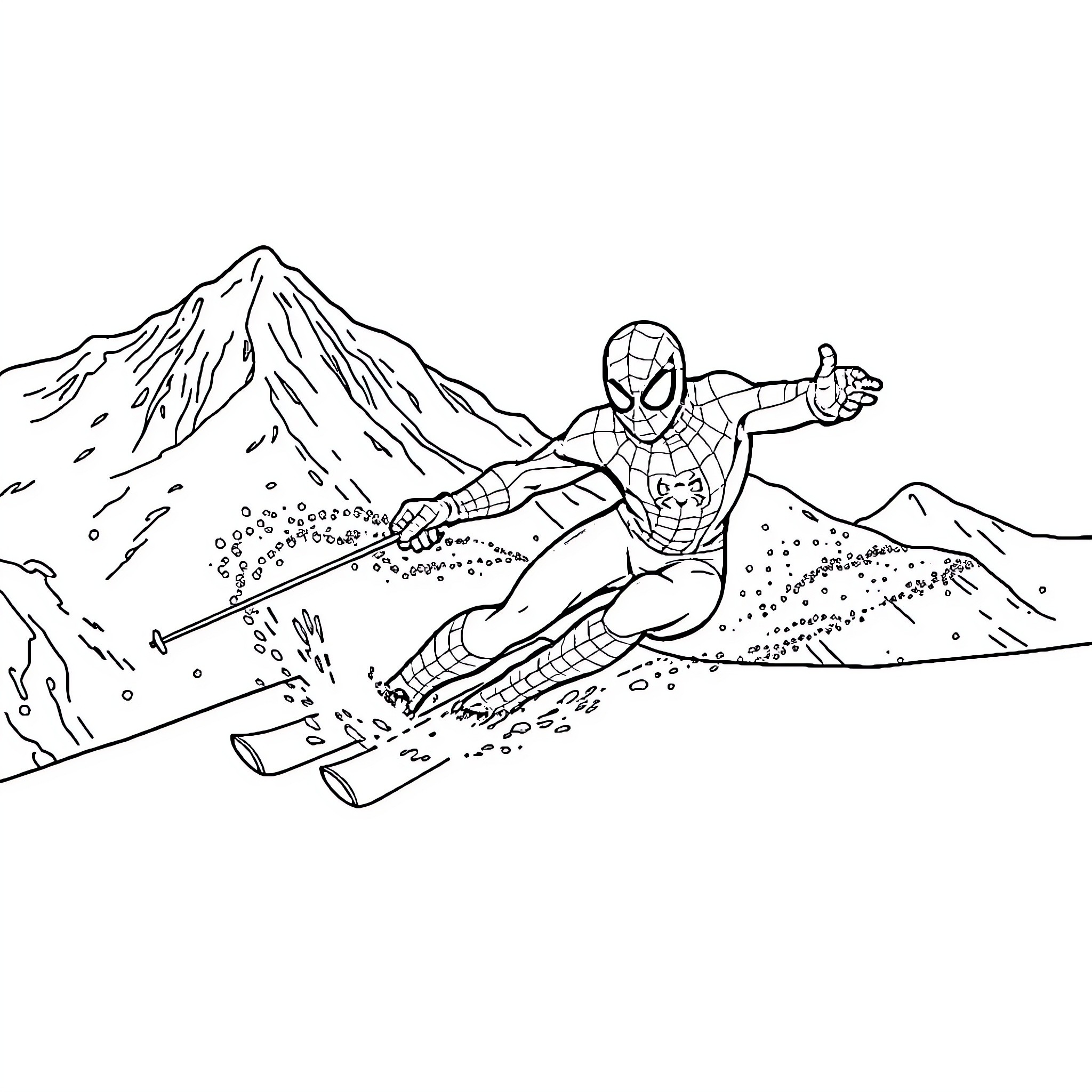 Spider-Man skiing down the snowy mountain Coloring Page (free black-and-white line drawing printable PDF for all, from beginners to advanced learners, including children, teens, adults, and seniors)