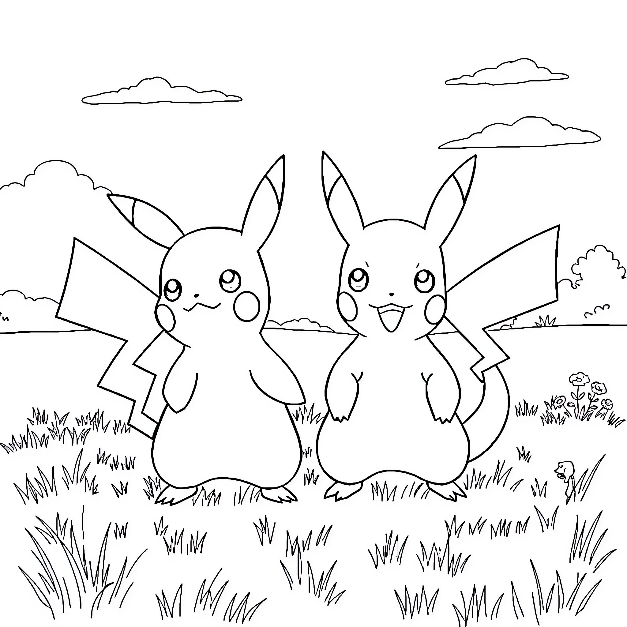 Pikachu friends exploring the meadow Coloring Page (free black-and-white line drawing printable PDF for all, from beginners to advanced learners, including children, teens, adults, and seniors)