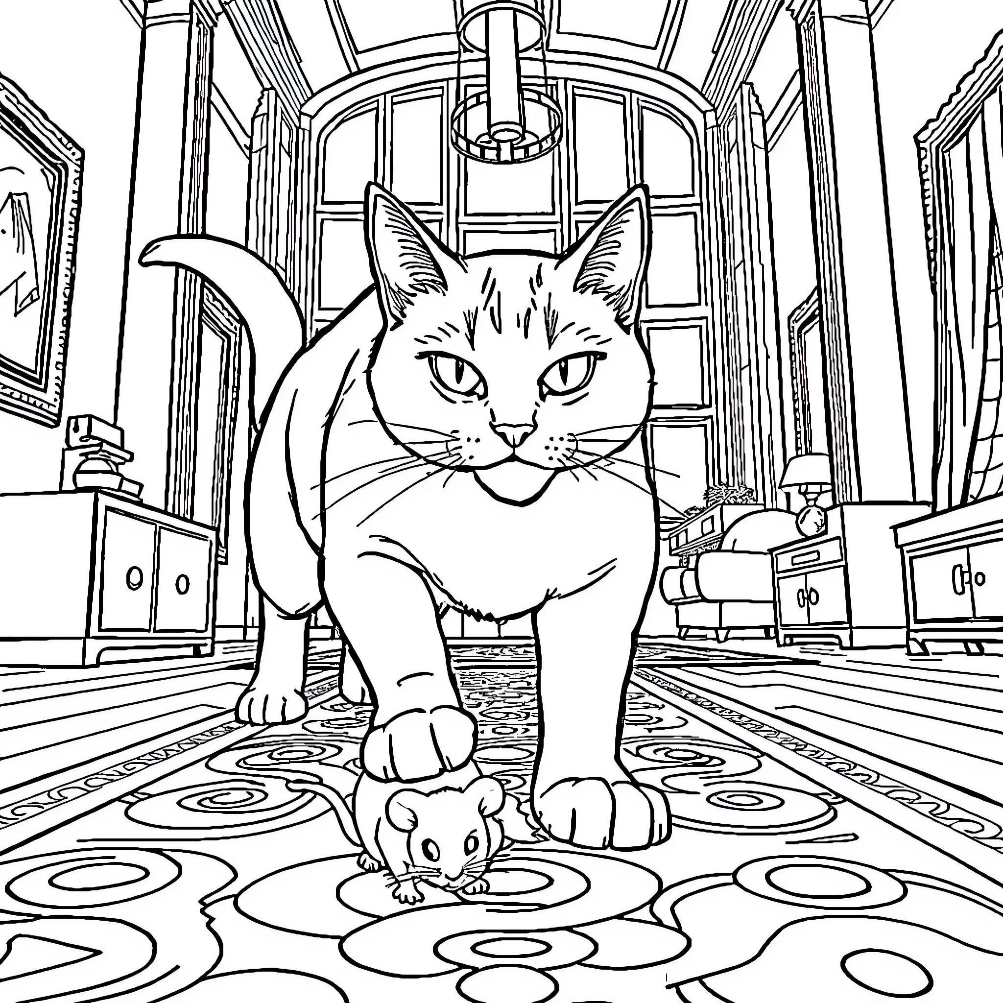 Cat exploring an ornate interior Coloring Page (free black-and-white line drawing printable PDF for all, from beginners to advanced learners, including children, teens, adults, and seniors)