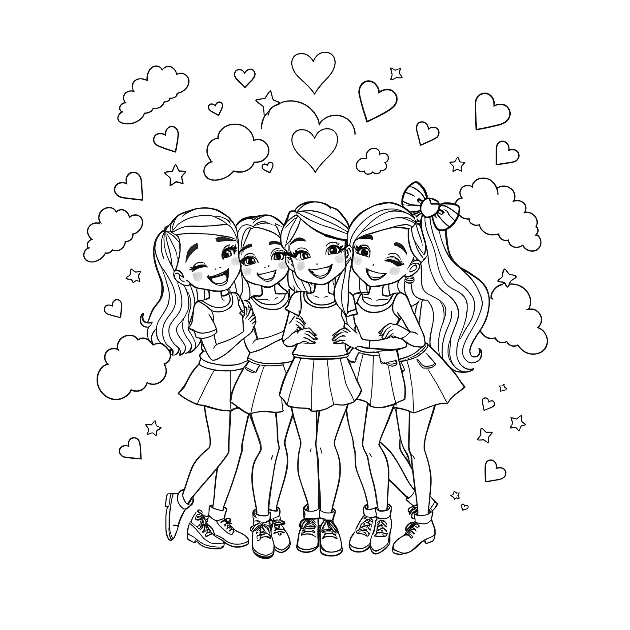 Gabby and her friends enjoying a cheerful moment Coloring Page (free black-and-white line drawing printable PDF for all, from beginners to advanced learners, including children, teens, adults, and seniors)