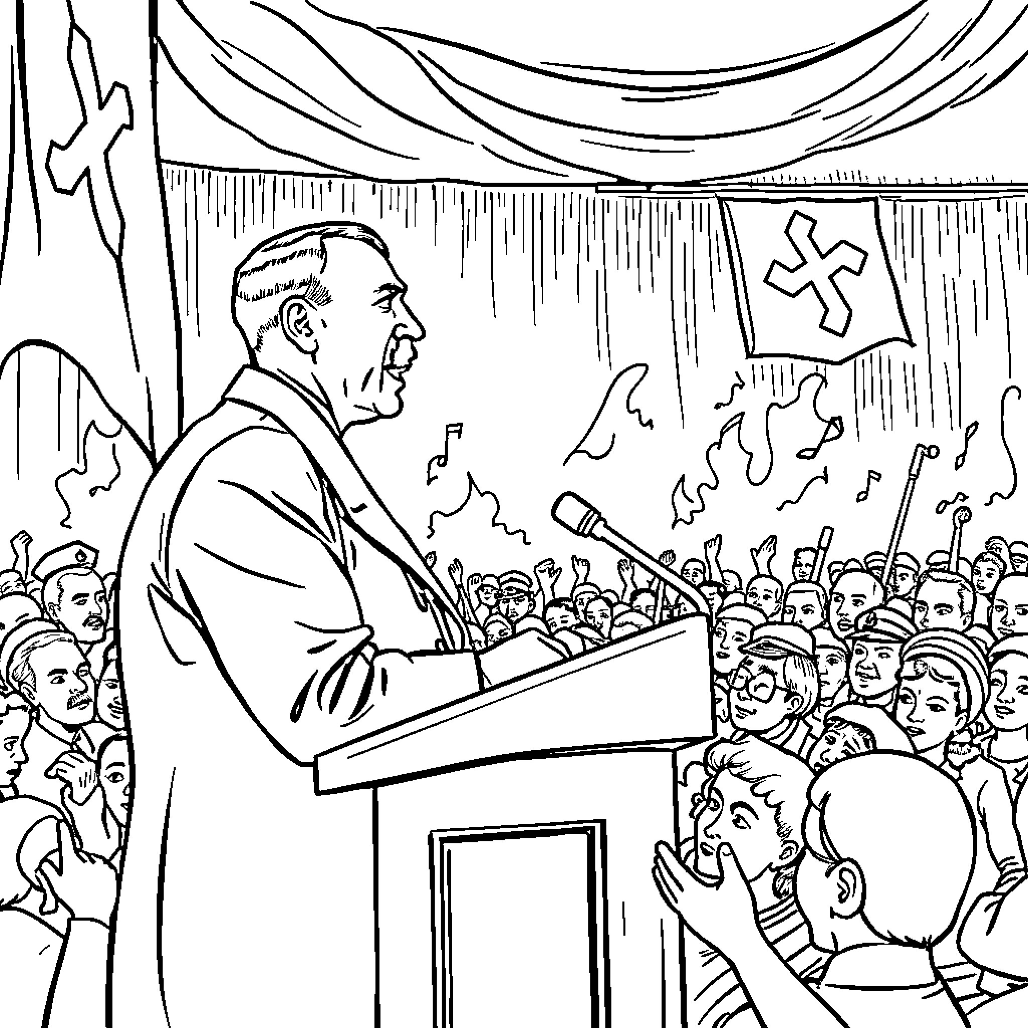 Adolf Hitler Addressing Crowd at Rally Coloring Page (free black-and-white line drawing printable PDF for all, from beginners to advanced learners, including children, teens, adults, and seniors)