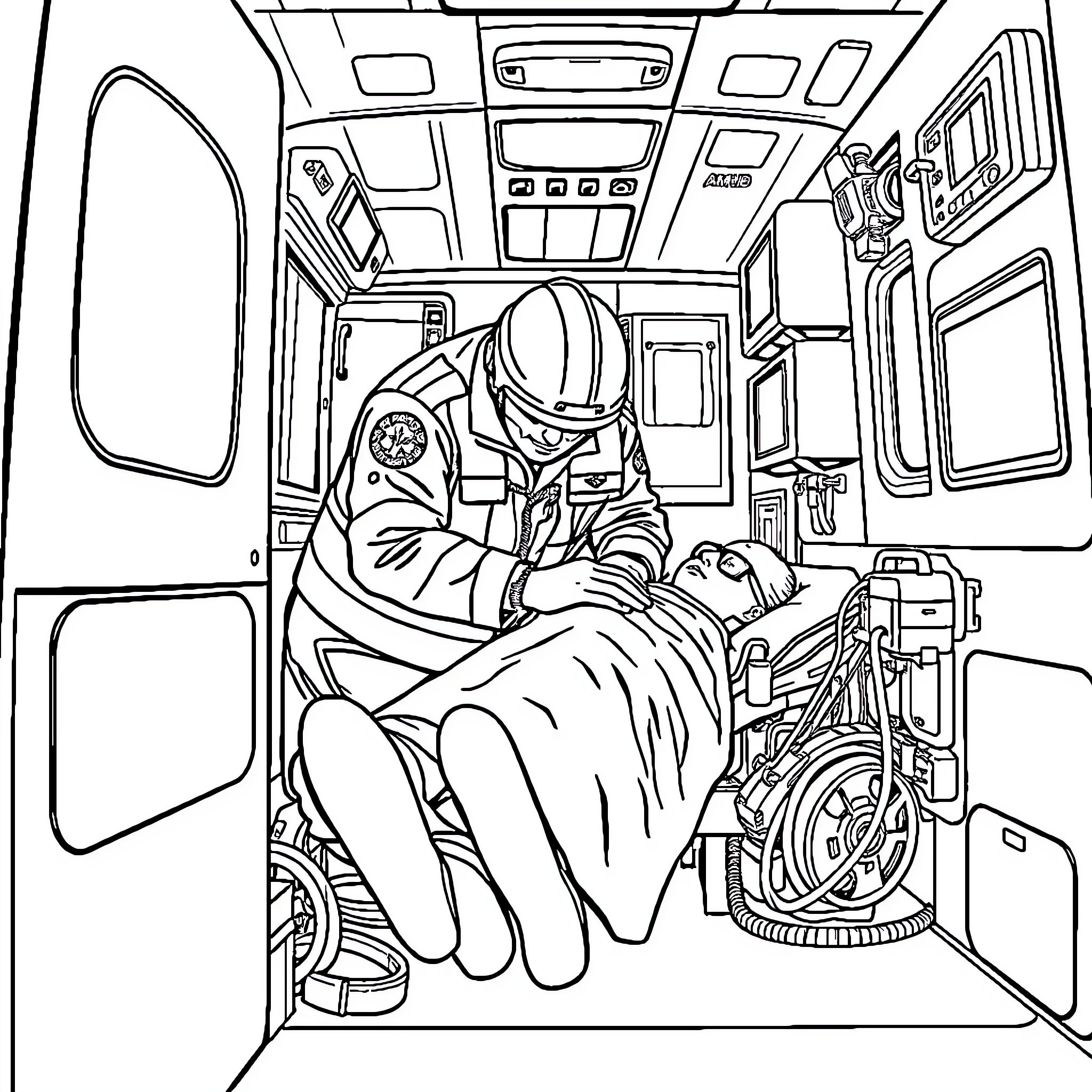 Paramedic Providing Emergency Care in Ambulance Coloring Page (free black-and-white line drawing printable PDF for all, from beginners to advanced learners, including children, teens, adults, and seniors)